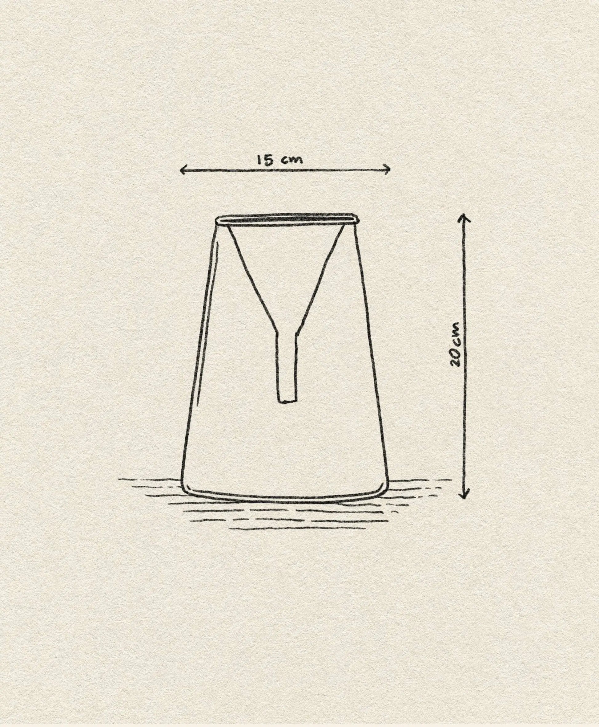 A simple line drawing of the Ichendorf Milano Kado Single Flower Vase 20cm, showing its trapezoidal shape with a Y-shaped feature on the front. The top width is marked 15 cm, height 20 cm, set against a textured paper background. Brand: Ichendorf Milano.
