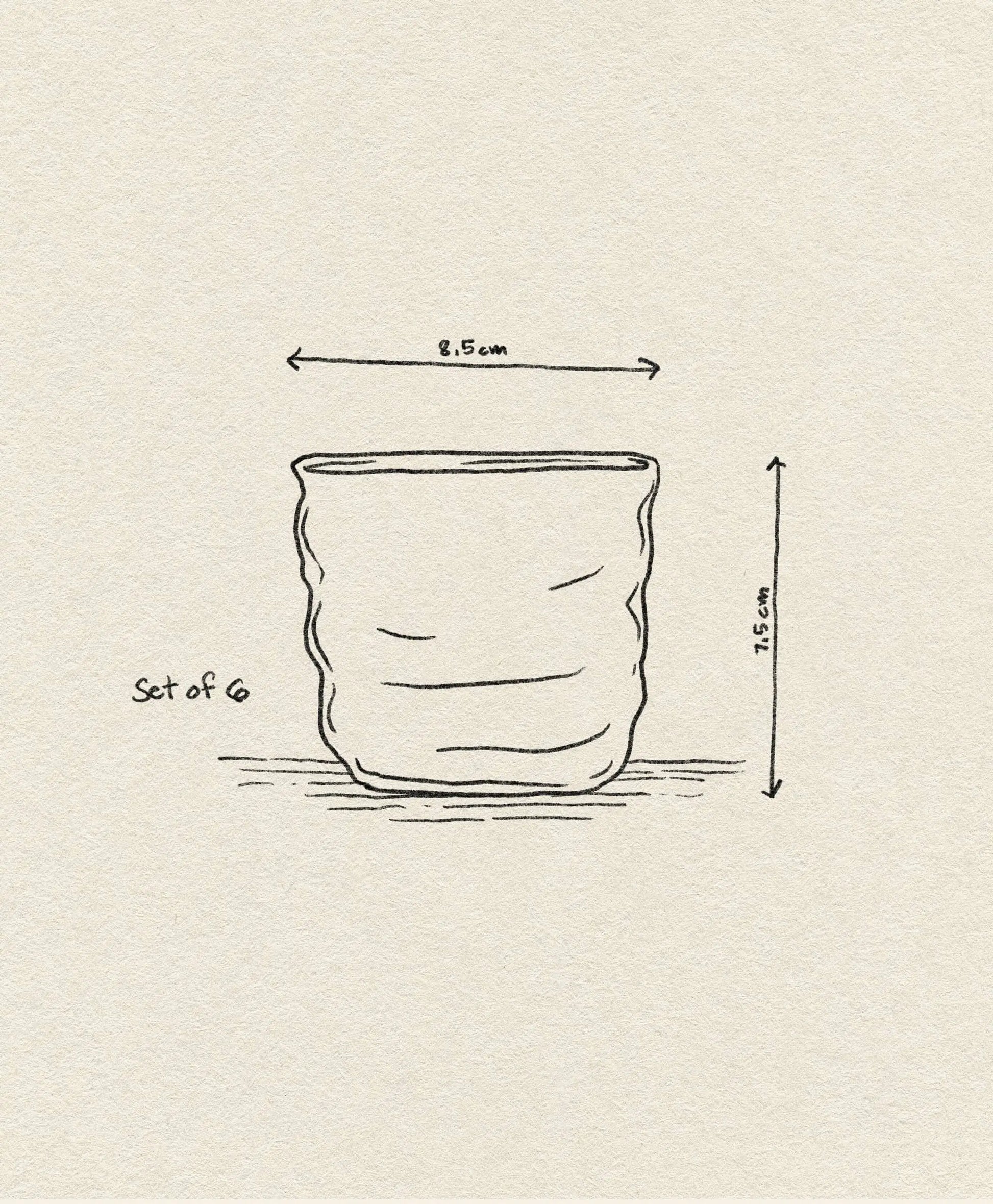 A simple line drawing of Ichendorf Milano Poseidon Tumblers with wavy shapes. Each glass measures 8.5 cm wide and 7.5 cm tall. Text reads Ichendorf Milano Poseidon Tumbler, Set of 6. Background: textured off-white paper.