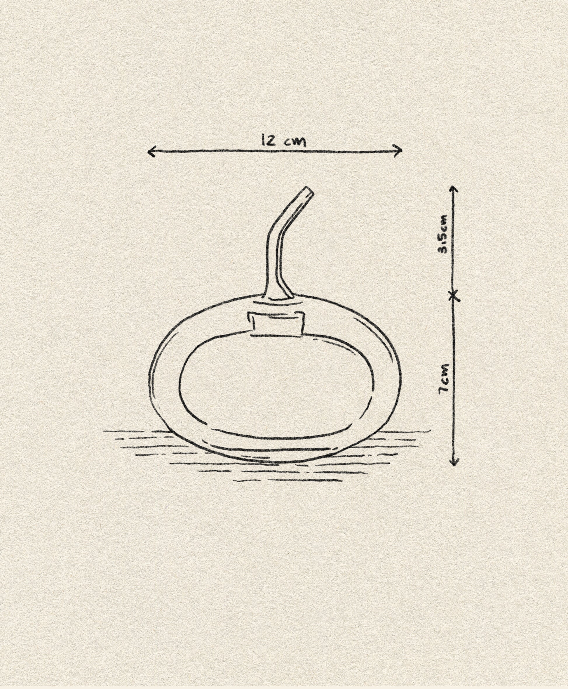 A hand-drawn sketch of the Ichendorf Milano Sfera Doublewalled Olive Oil Bottle by Ichendorf Milano shows its spherical glass design, short neck, curved spout, and detailed measurements marked with arrows and text.
