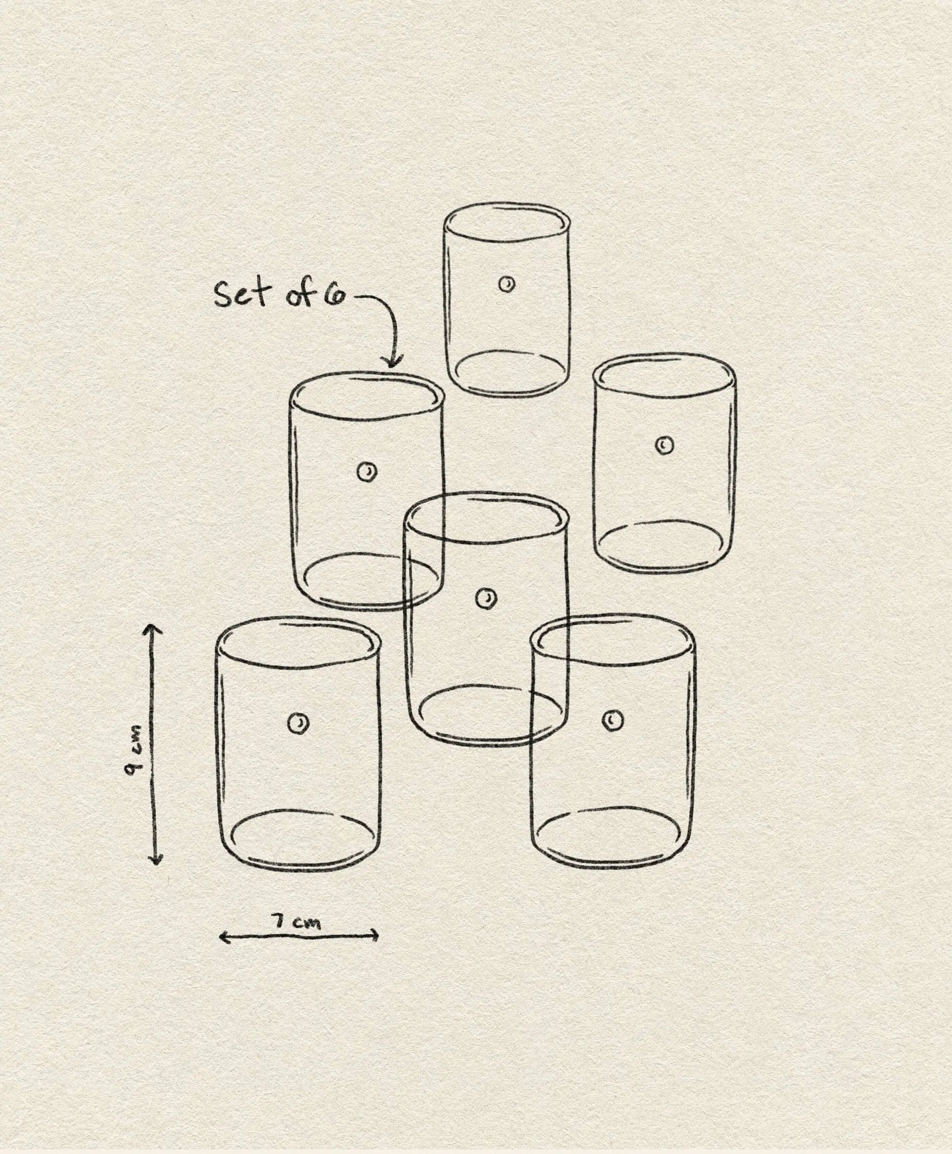 A simple line drawing shows six Ichendorf Milano Soleils Tumblers in two rows, each with a dot label. Dimensions are marked: 9 cm tall, 7 cm wide. Set of 6 is handwritten above the top glass. Brand: Ichendorf Milano.