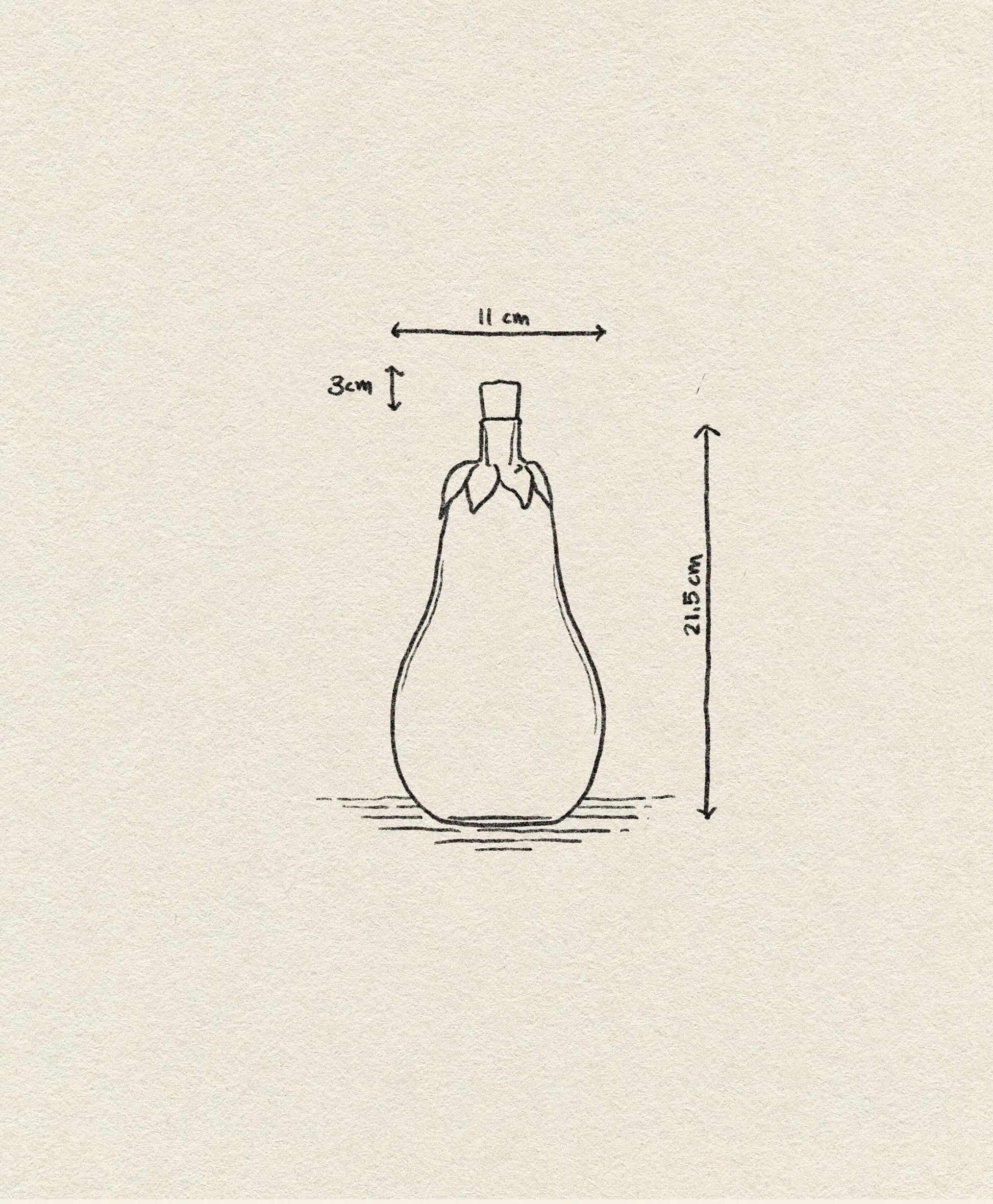 A simple sketch of the Ichendorf Milano Vegetables Bottle by Ichendorf Milano, handcrafted with a narrow neck. Dimensions: width 11 cm, neck height 3 cm, total height 21.5 cm. Drawn on textured off-white paper—perfect for decor inspiration.