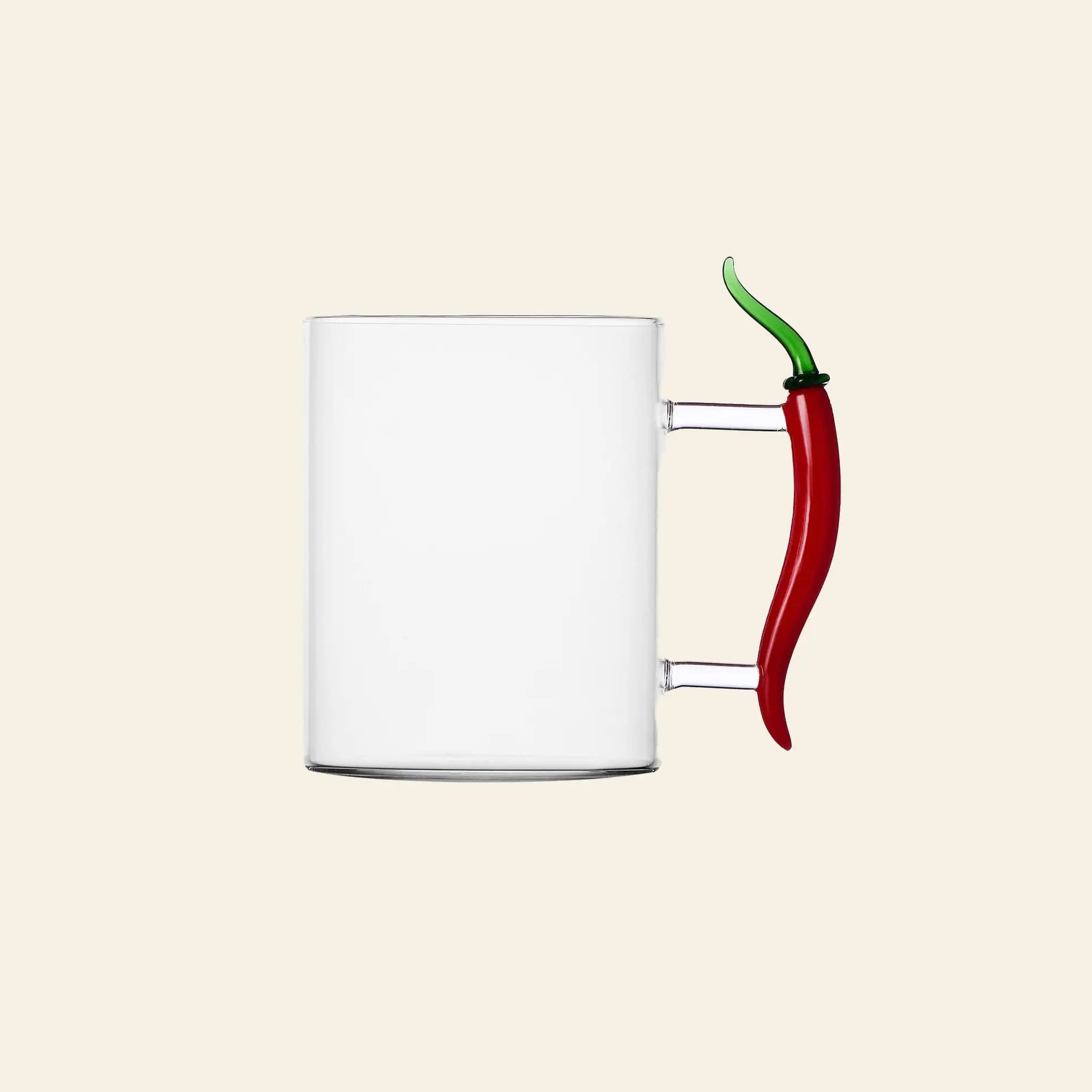 The Ichendorf Milano Vegetables Mug by Ichendorf Milano features clear glass and a handle shaped like a red chili pepper with a green stem, shown against a plain light beige background.