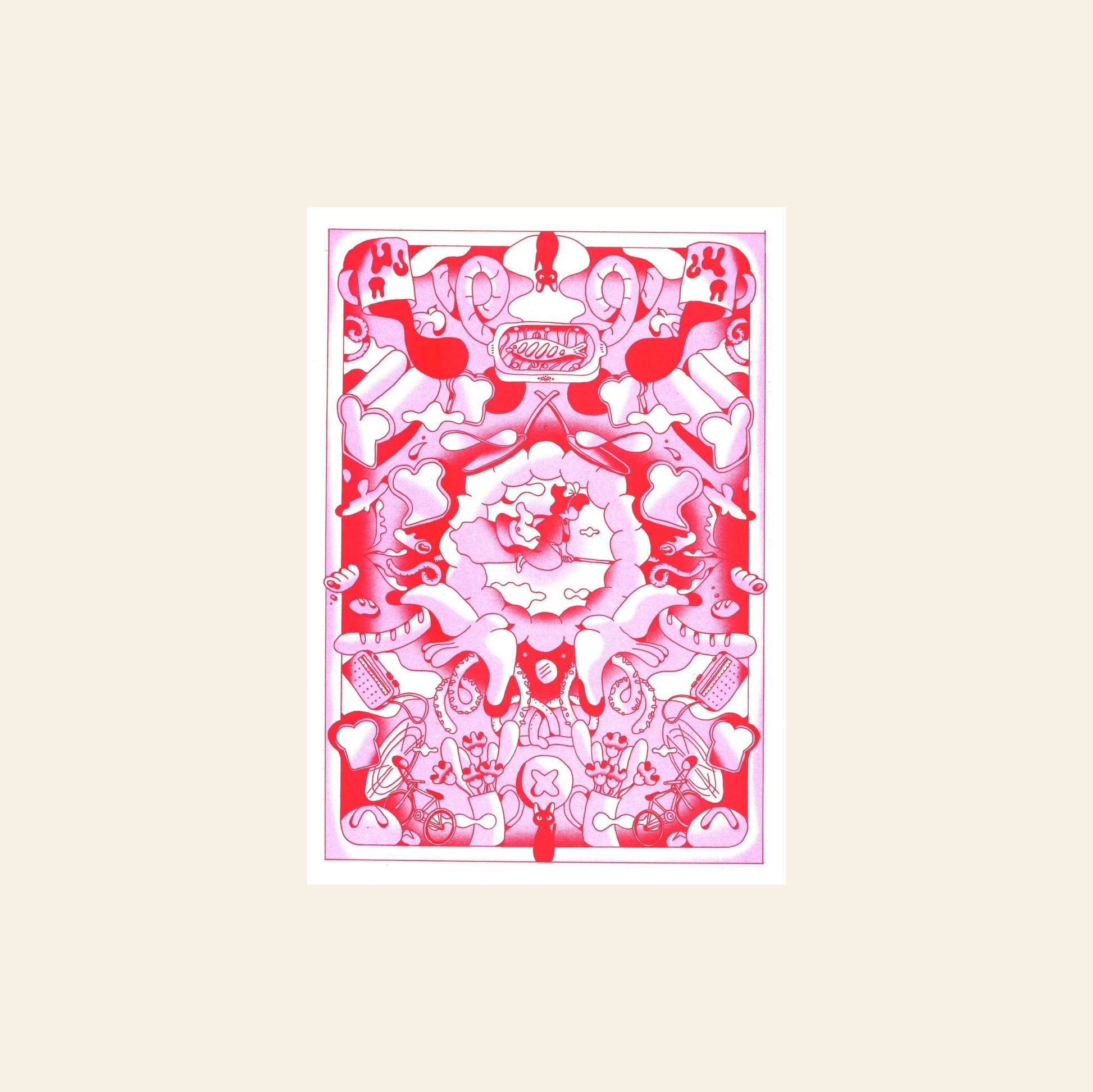 KIBLIND Ateliers Kiki La Petite Sorciere by Agathe Bruguiere is a striking abstract print in pinks and reds, showcasing mirrored patterns with heart, hand, lip, and eye motifs on a light background—perfect for graphic design inspiration.