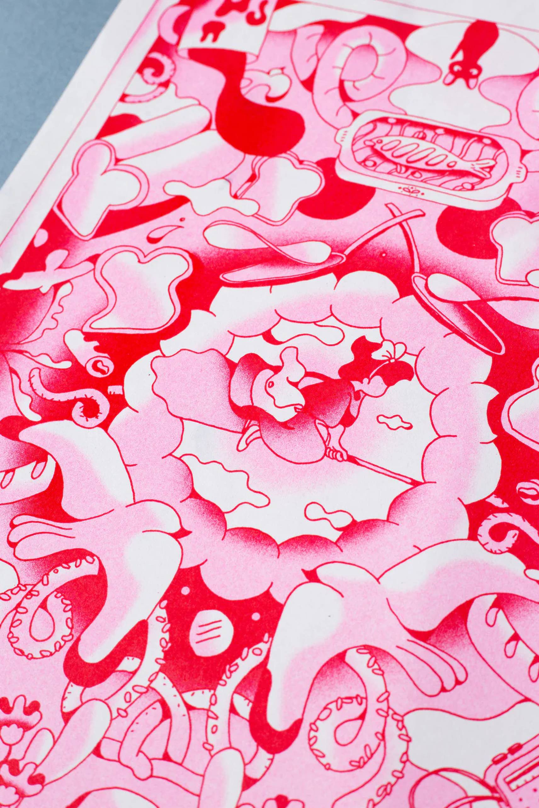 A close-up of the KIBLIND Atelier Agathe Bruguiere - Kiki La Petite Sorciere print by KIBLIND Atelier, showcasing vibrant red and pink whimsical shapes, a central figure holding a cat, clouds, and playful doodles.