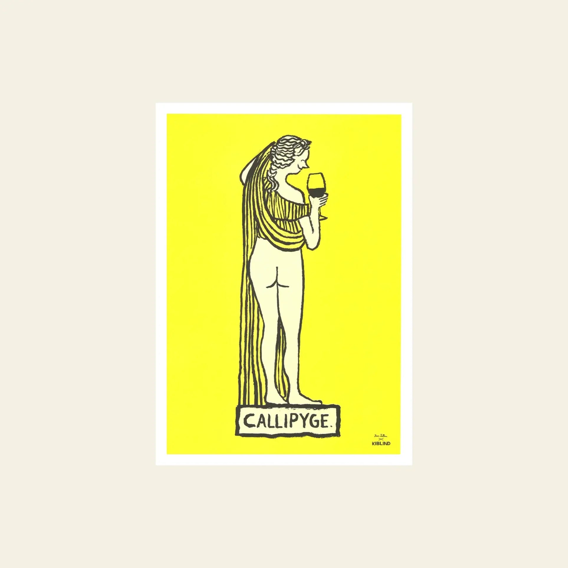 KIBLIND Atelier Jean Jullien - Callipyge: A classical female figure on a pedestal labeled CALLIPYGE, holding a mirror, glancing back at her bare buttocks. Inspired by risography, in bright yellow—perfect for KIBLIND Atelier artwork.