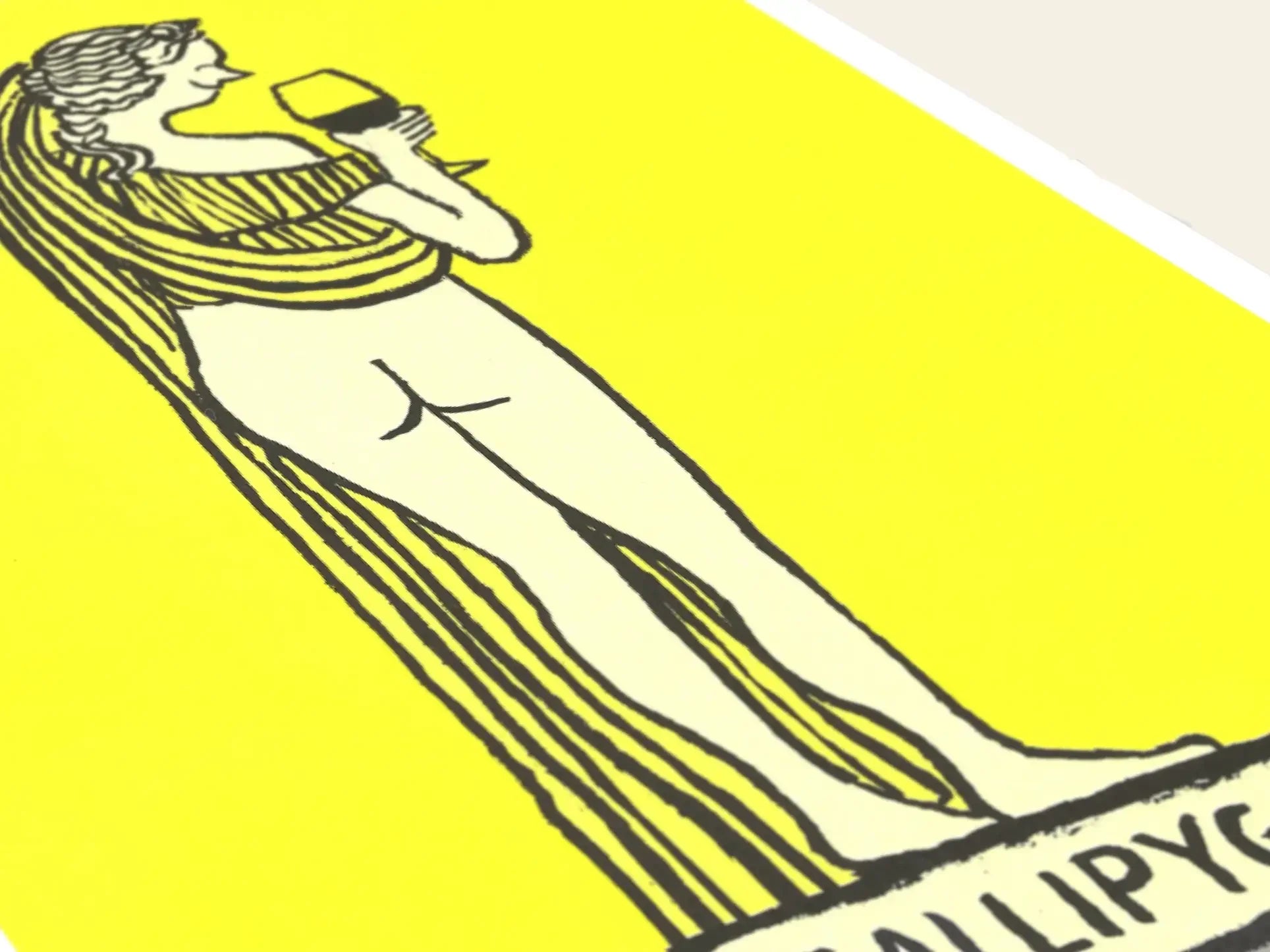 Illustration in Jean Julliens style: a nude woman with long hair and a wine glass atop a pedestal on bright yellow—perfect for highlighting KIBLIND Atelier’s Callipyge and risography artistry.