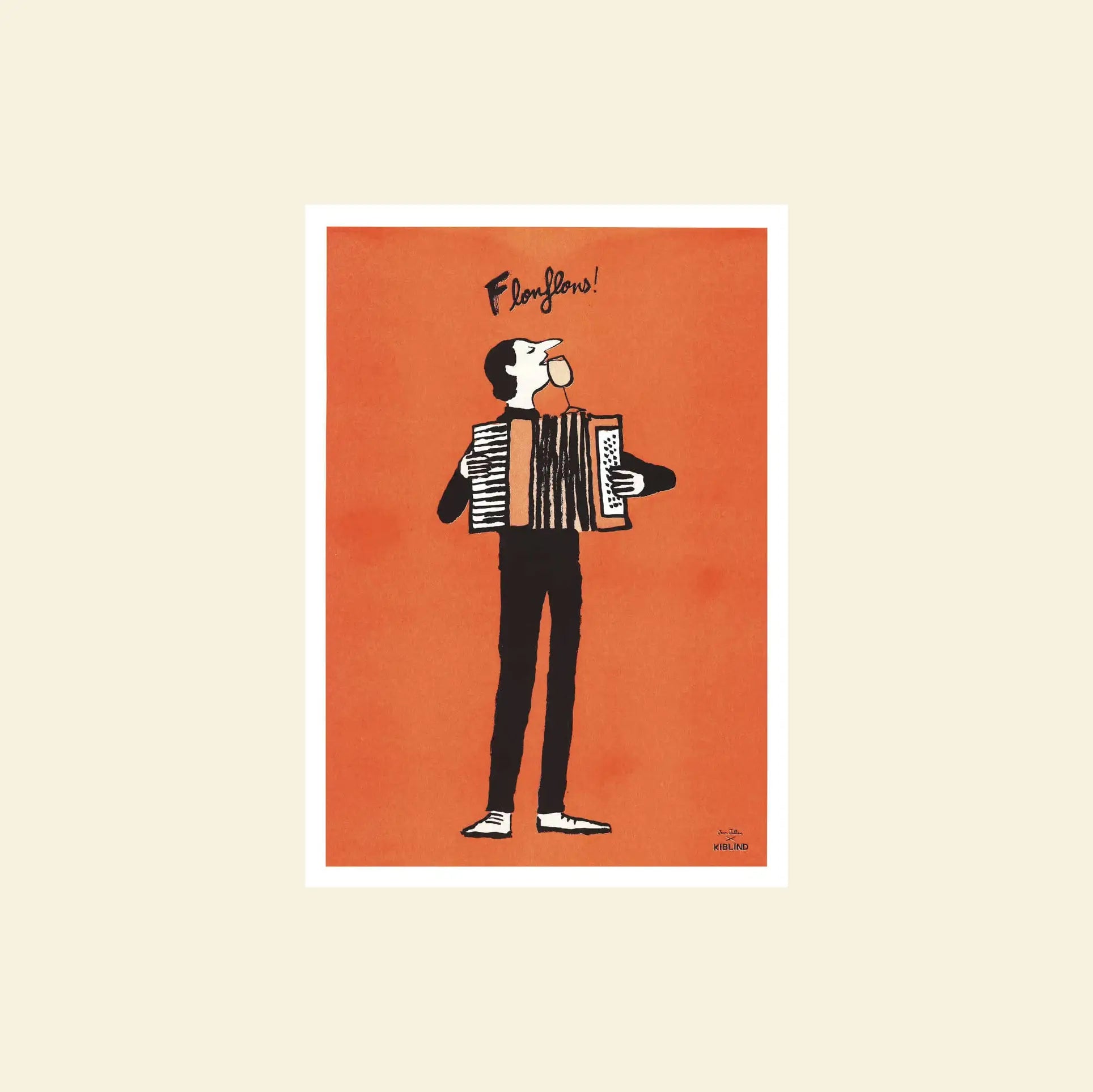 Illustration of a person playing accordion and blowing bubble gum on an orange background with “Flonflons!” above—inspired by Jean Jullien and the playful spirit of KIBLIND Atelier’s Flonflons.
