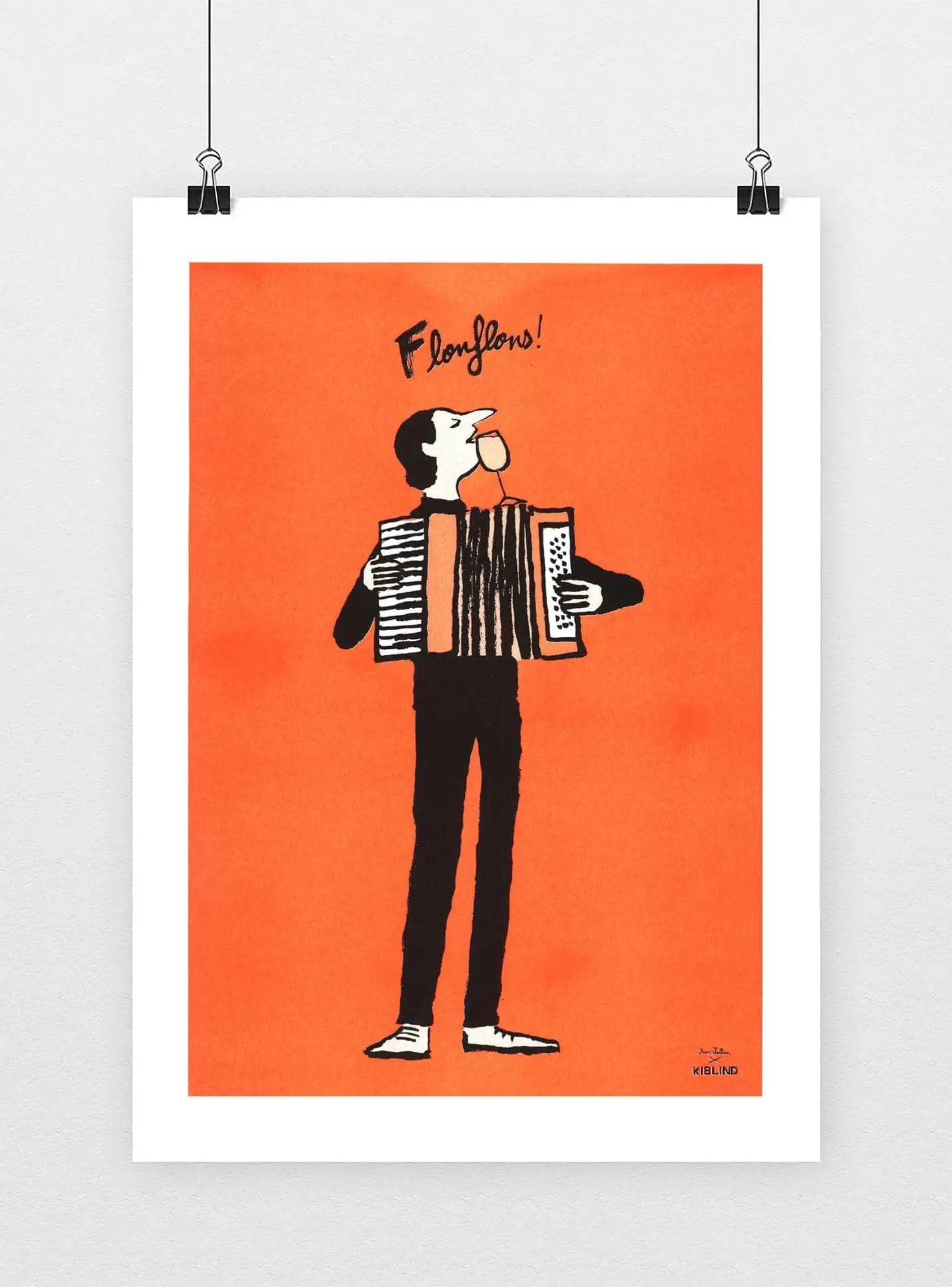 An illustration inspired by Jean Jullien for KIBLIND Atelier, titled Flonflons, shows a person playing an accordion and chewing bubble gum under Flowflow! on a vibrant orange background.