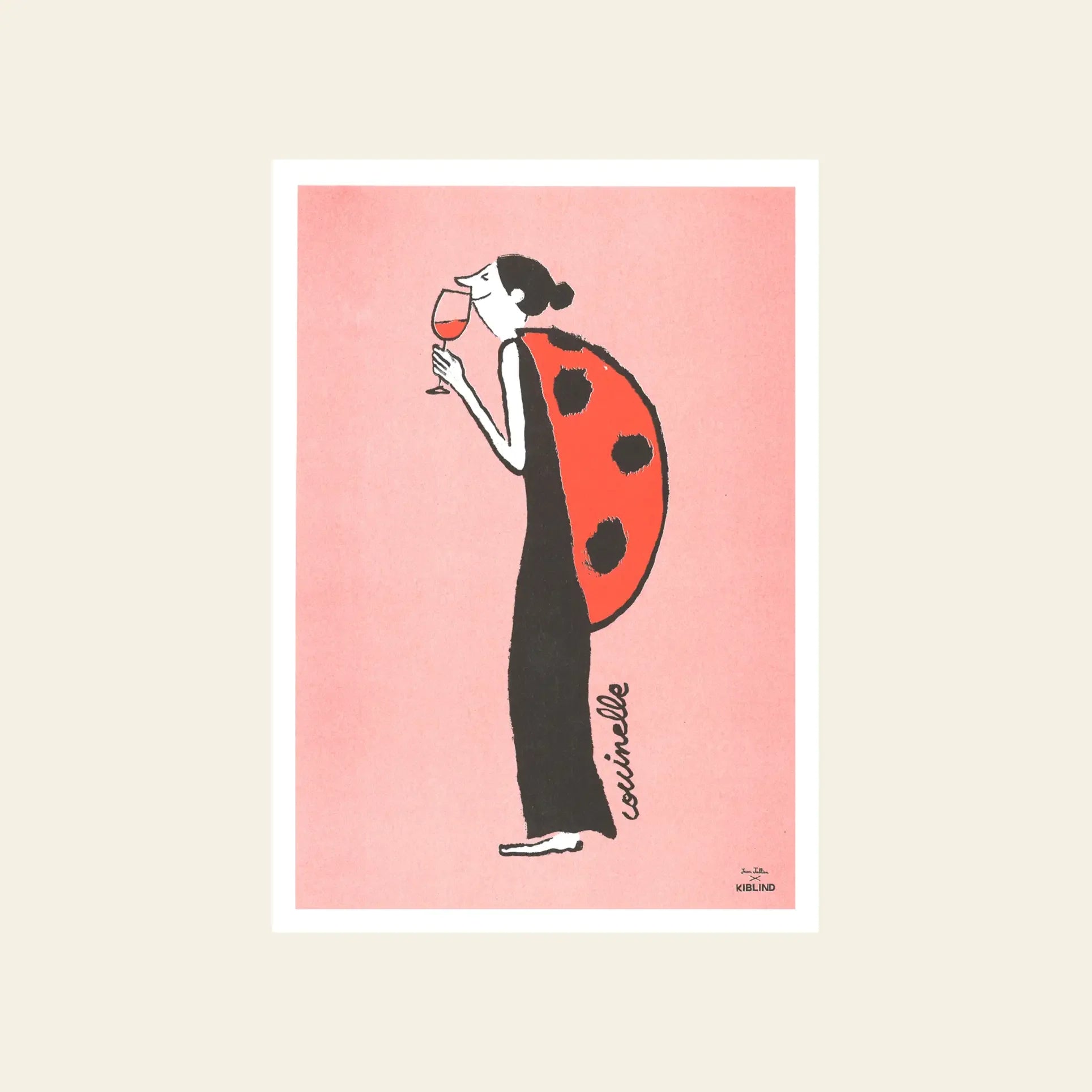 Inspired by Jean Jullien, this illustration from KIBLIND Atelier shows a woman in a black dress with a ladybug shell, holding wine against a pink backdrop. Coccinelle appears beside her—perfectly capturing KIBLIND Atelier Jean Jullien - Ladybug.