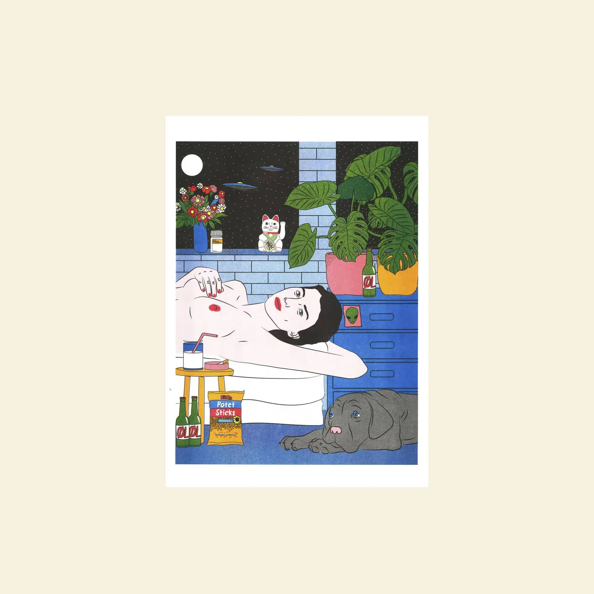 KIBLIND Ateliers Take Me Home by Kine Andersen illustrates a person unwinding in a vibrant bathtub scene with snacks, drinks, a black dog, and lush plants—framed by a lucky cat figurine and starry sky in risograph-inspired colors.