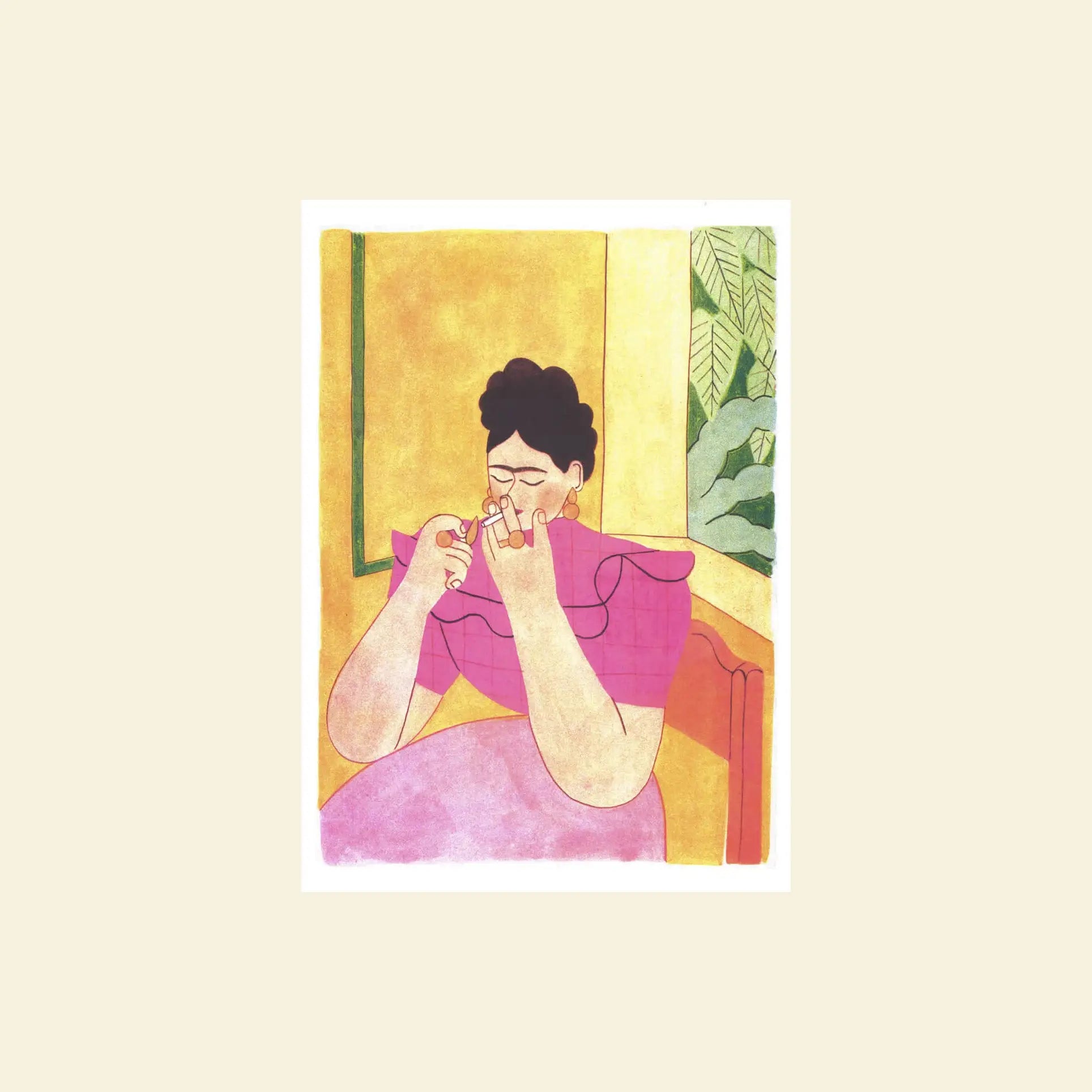KIBLIND Ateliers Morgane Fadanelli - Frida Kahlo features a risography-inspired illustration of a person with short dark hair in a pink dress with a tissue, set against a yellow background with green leaves evoking Frida Kahlo’s style.