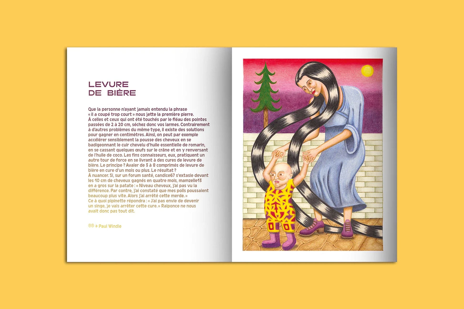 The KIBLIND Atelier Picture Book - Hair by KIBLIND Atelier shows text on the left and a vibrant right-hand illustration of a smiling woman with long hair combing a childs hair in pajamas, beneath a tree and a yellow sun.