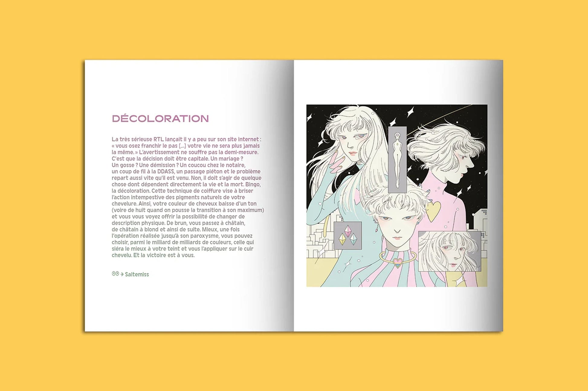 The pocket-sized KIBLIND Atelier Picture Book - Hair by KIBLIND Atelier rests open on a yellow surface, showing French text opposite modern illustrations of three androgynous figures with flowing hair, cosmic and urban motifs, and abstract patterns.