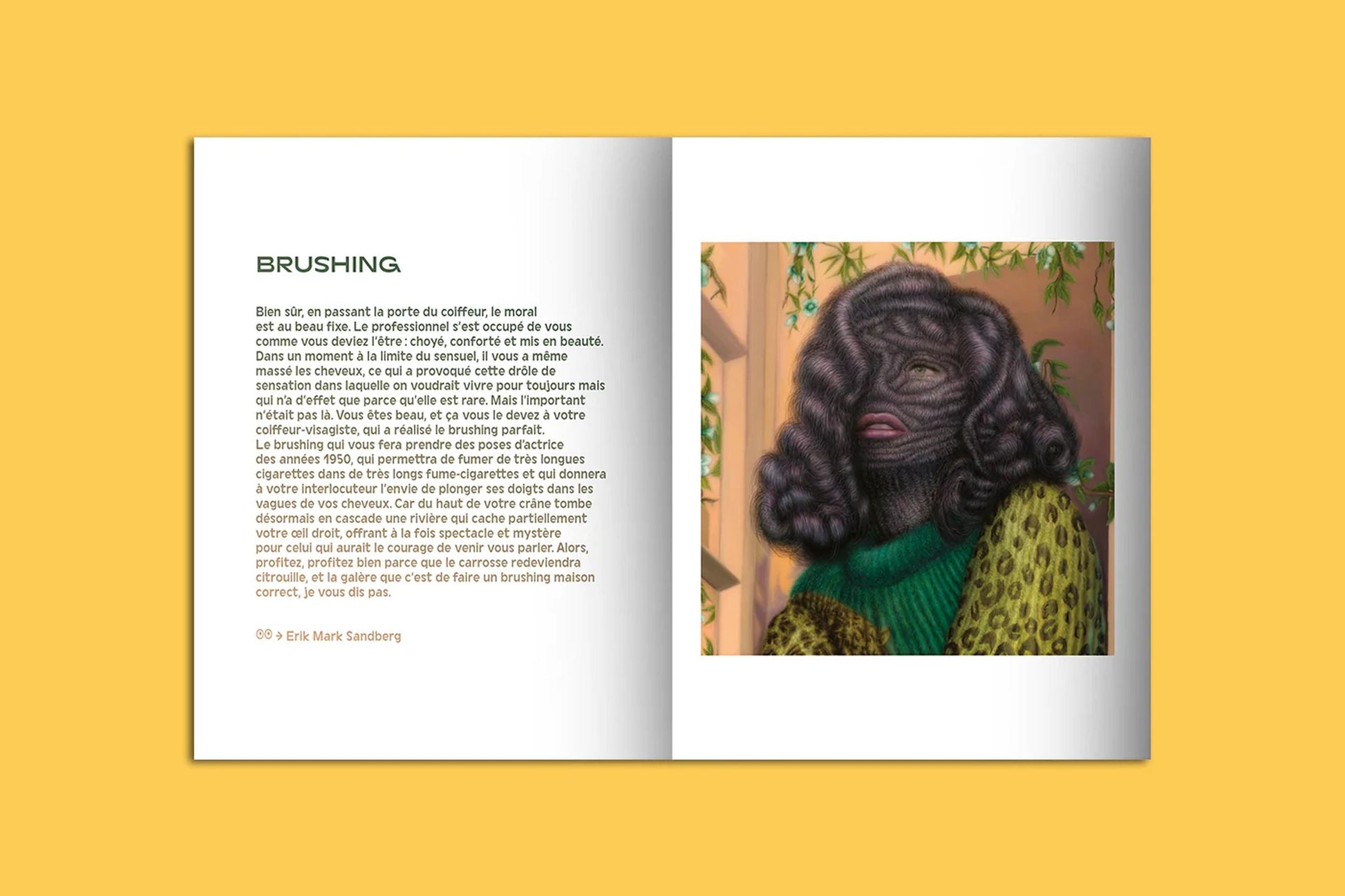 The KIBLIND Atelier Picture Book - Hair by KIBLIND Atelier is a pocket-sized book with French text titled BRUSHING on the left page and bold illustrations of a thickly haired person in a green sweater on the right, set against yellow.