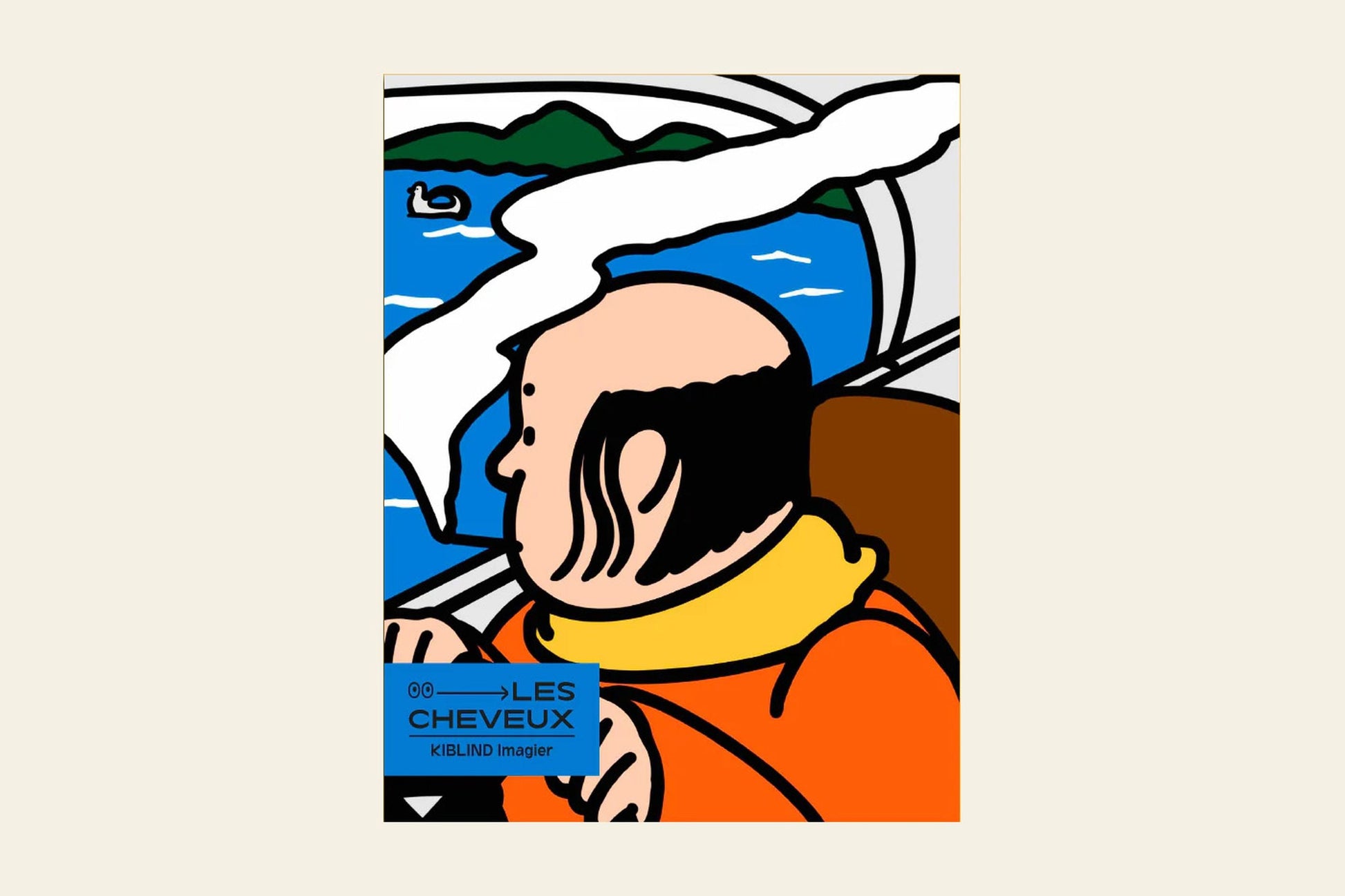 A bald cartoon man with sideburns, in orange and yellow, gazes out a train window at a lake—modern art from the limited KIBLIND Atelier Picture Book - Hair. French title: Les Cheveux. Brand: KIBLIND Atelier. Pocket-sized edition.