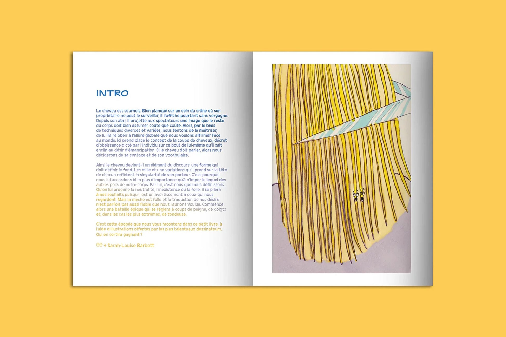 The KIBLIND Atelier Picture Book - Hair by KIBLIND Atelier is open, pocket-sized, on a yellow background. The left page has French text titled INTRO in blue; the right page shows abstract yellow lines and geometric shapes.