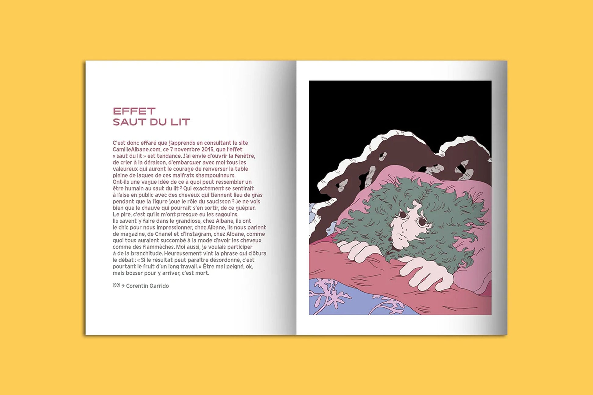 The KIBLIND Atelier Picture Book - Hair by KIBLIND Atelier, pocket-sized and open on a yellow surface, shows French text titled Effet Saut du Lit on the left and a modern drawing of a tired person in bed with messy hair on the right.