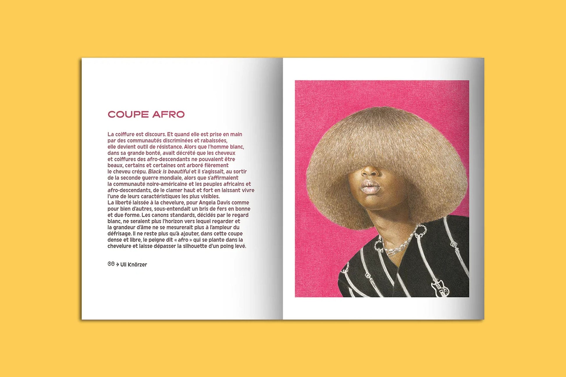 The KIBLIND Atelier Picture Book - Hair by KIBLIND Atelier is a pocket-sized book featuring French text about Afro hairstyles on one page and a photo of a person with a round Afro against a vibrant yellow background on the other.
