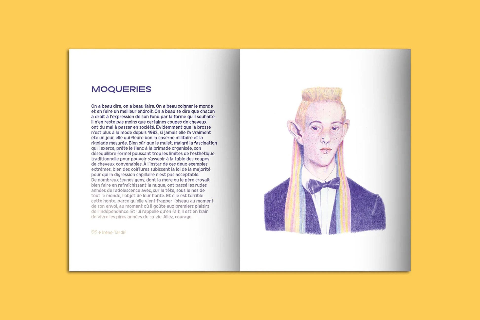 The KIBLIND Atelier Picture Book - Hair by KIBLIND Atelier is open on a yellow background; one page shows French text titled MOQUERIES, and the other features a colorful portrait of a person with long blond hair and pointed ears.