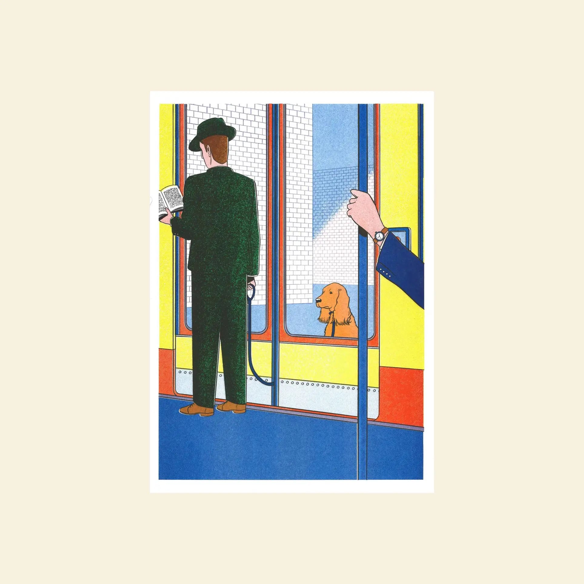 KIBLIND Atelier Simon Bailly - Le Métro features a bold, colorful illustration of a man in a suit reading a newspaper on the subway as a dog looks through the open doors, capturing Simon Baillys whimsical world in vivid detail.