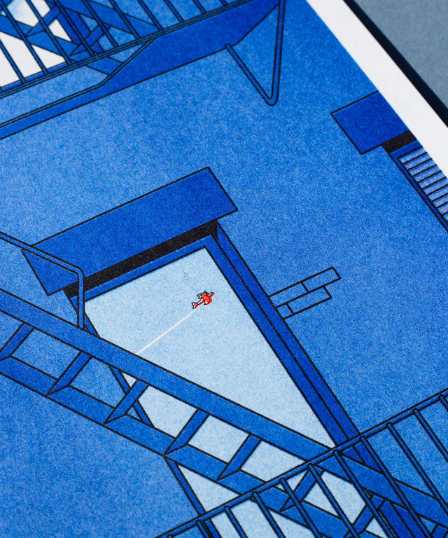 The KIBLIND Atelier Simon Bailly - Porco Rosso Poster features a minimalist blue building with geometric lines and staircases, inspired by Franco-Belgian comics, as a small red bird flies through an open door, leaving a white trail.