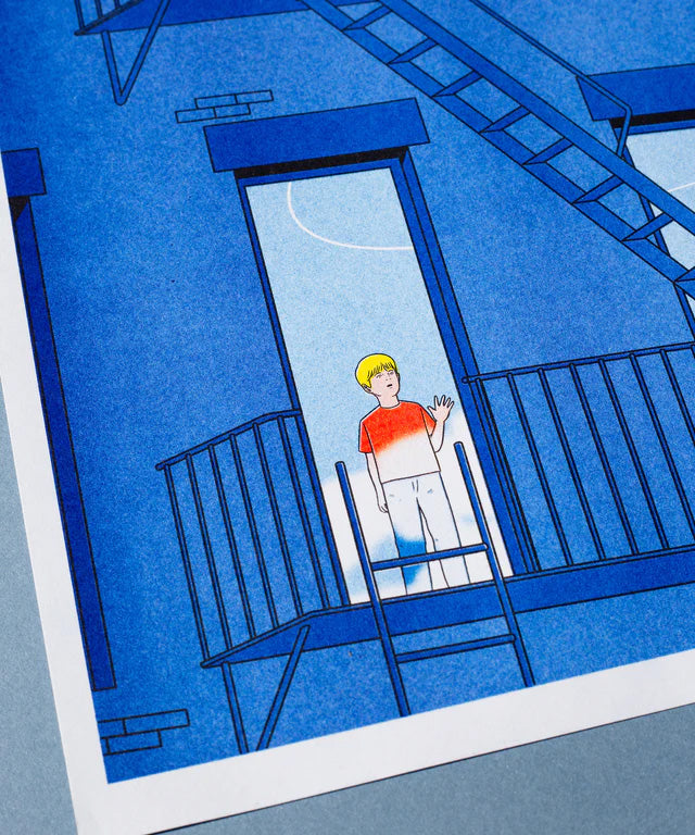 The KIBLIND Atelier Simon Bailly - Porco Rosso - Poster features a blond boy in a red and white shirt and white pants, standing at a blue fire escape door, gazing outside with his hand raised against a blue-toned cityscape.