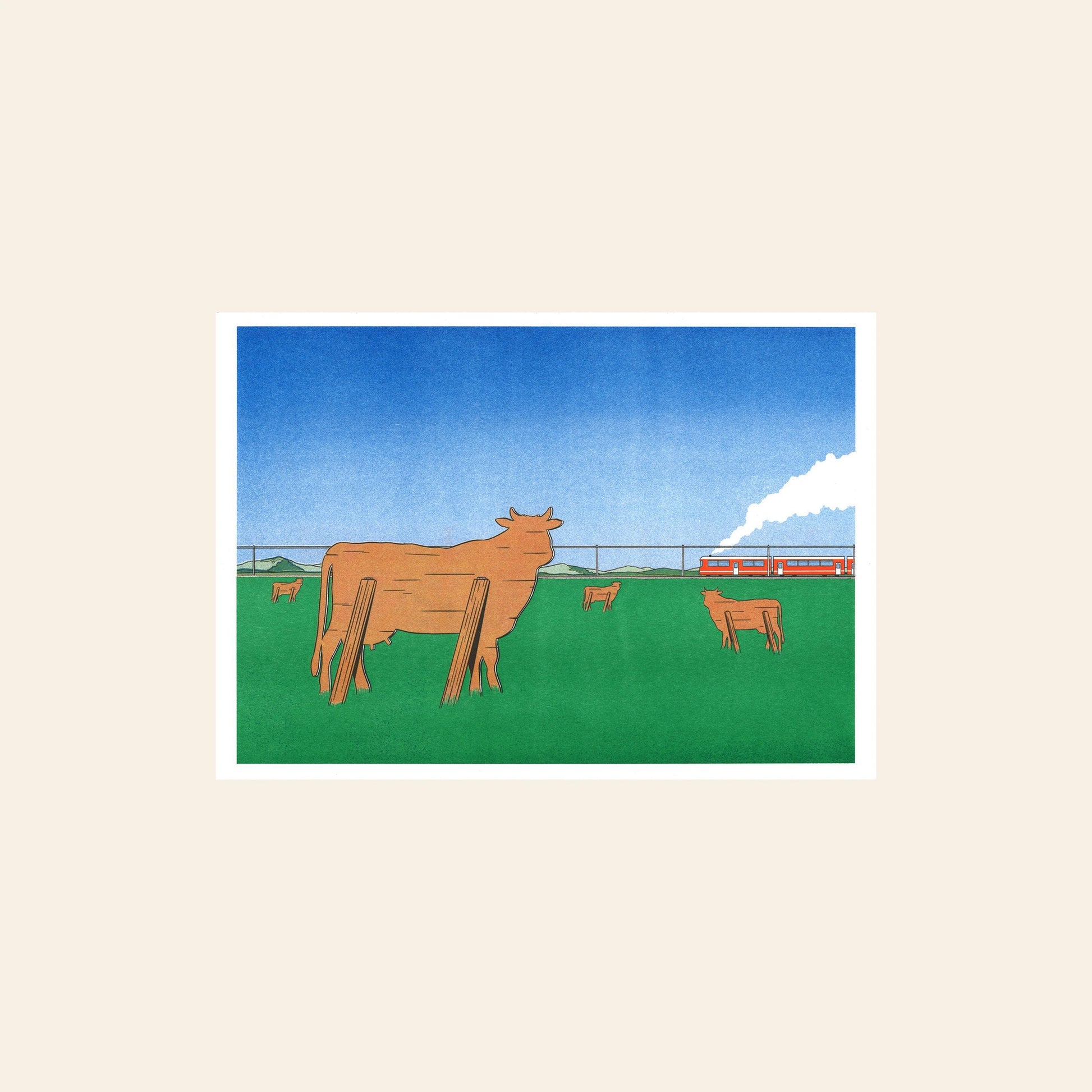 KIBLIND Atelier Simon Bailly - Watching the Trains Go By features a Franco-Belgian comic-inspired scene with wooden cow cutouts on grass and a red train passing by, capturing storytelling through playful art.