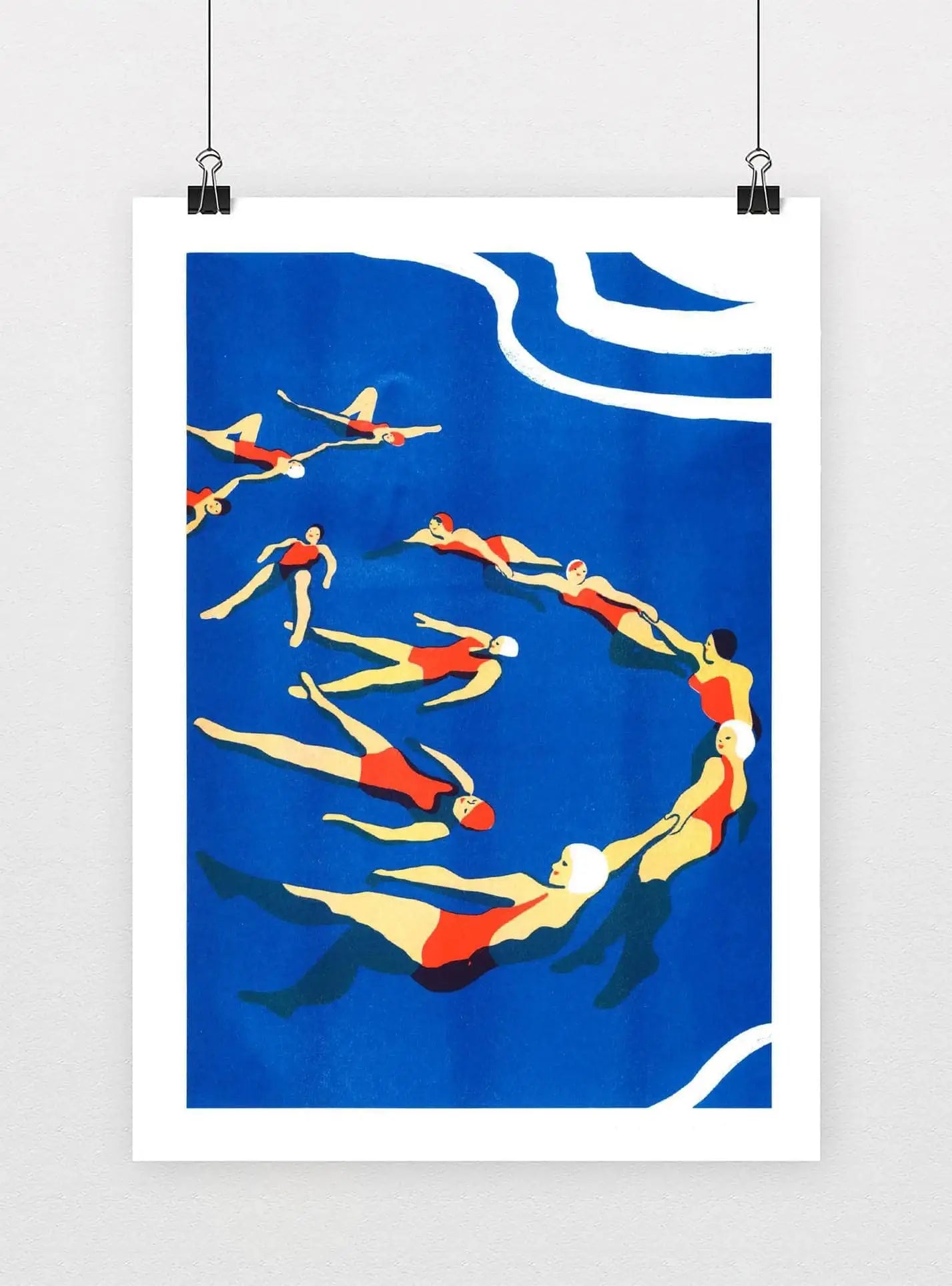 KIBLIND Atelier Virginie Morgand - La Piscine 11 features stylized synchronized swimmers in red suits spiraling in a blue pool, viewed from above—an art print echoing risograph style by KIBLIND Atelier.