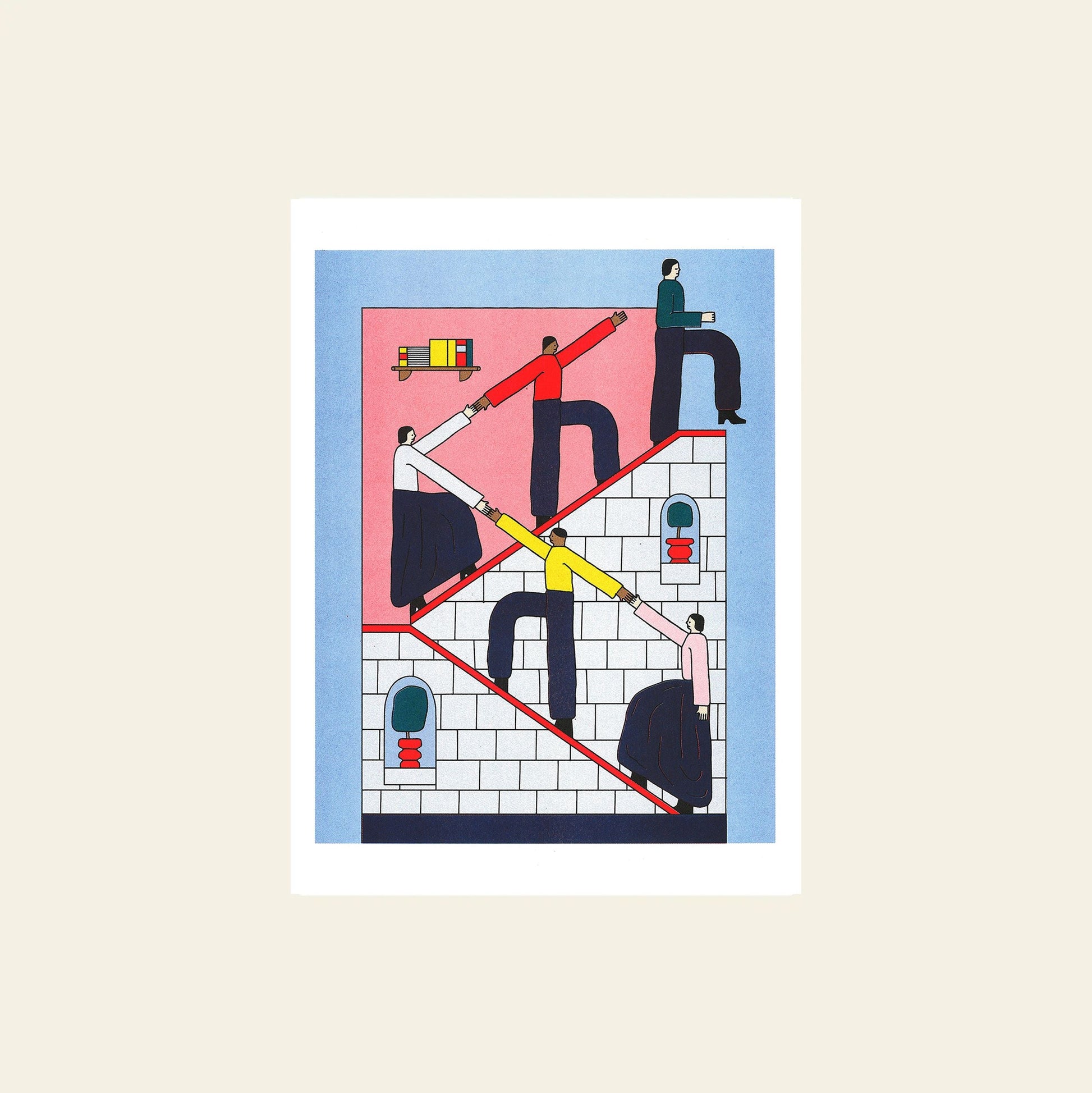 KIBLIND Ateliers Progress Was Better Before by Zack Rosebrugh shows four figures on Escher-like red stairs, holding cups amid Risograph posters and geometric shapes within a white brick structure.