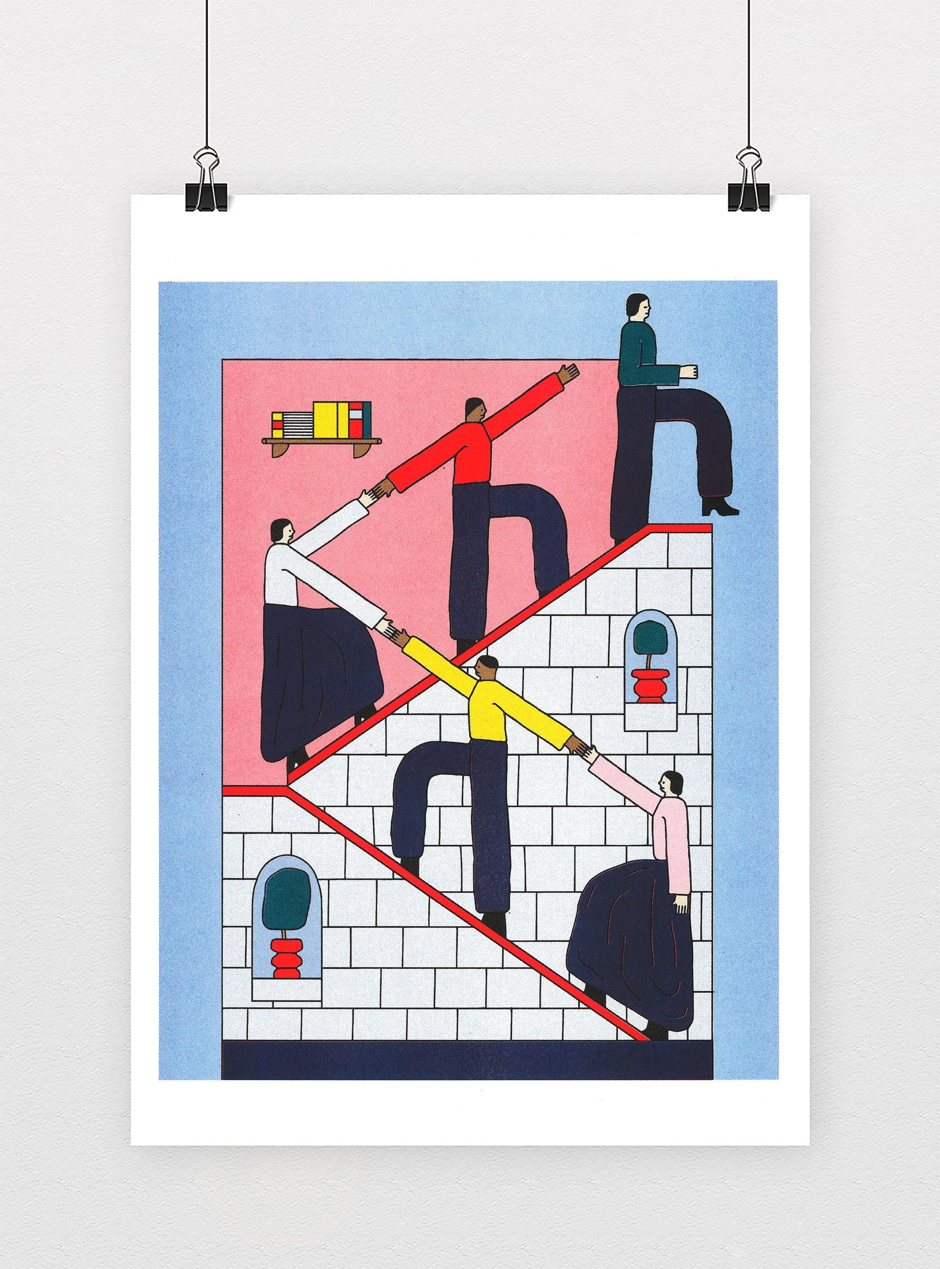 KIBLIND Ateliers Zack Rosebrugh - Progress Was Better Before features five abstract figures with elongated arms helping each other up a geometric staircase against a blue and pink background, symbolizing teamwork and support.
