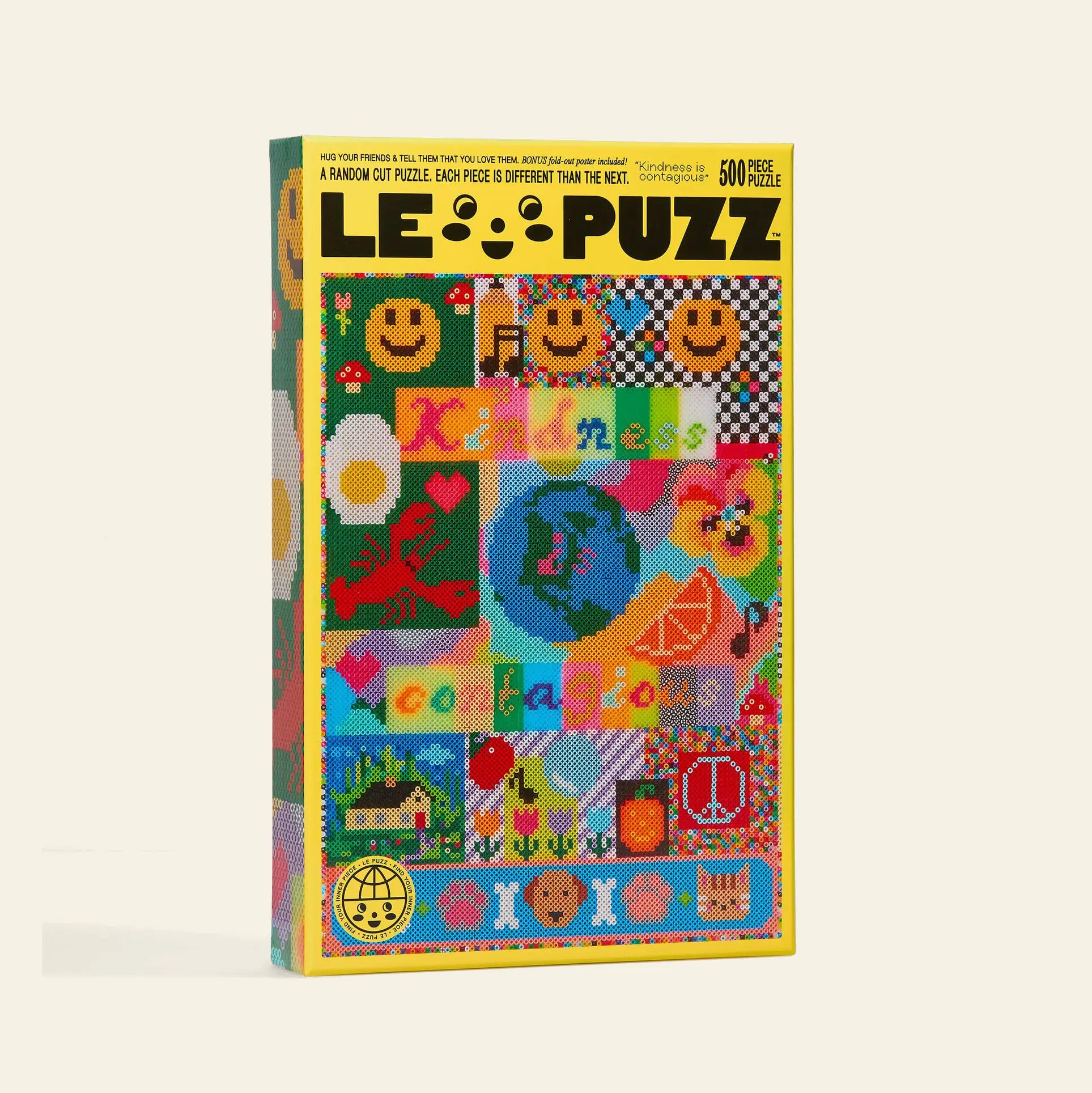 Le Puzz Kindness is Contagious, a 500-piece puzzle by Le Puzz, features a vibrant pixelated design inspired by pearler beads, with smiley faces, peace signs, and Kindness and Compassion on the box.