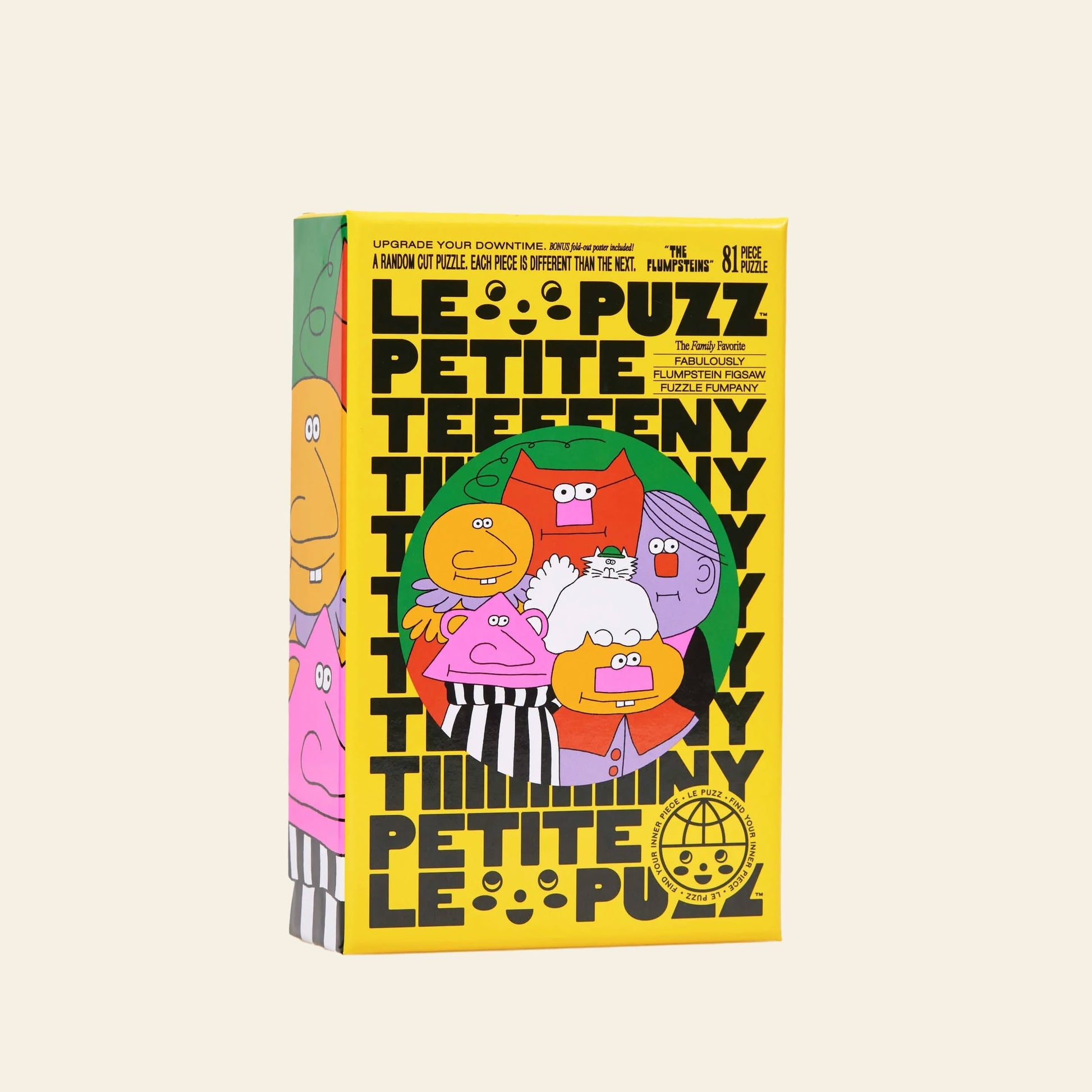 A colorful Le Puzz The Flumpsteins 81 Piece Puzzle features playful, retro cartoon faces and bold yellow and black text—perfect for fans of whimsical designs from the Le Puzz brand.