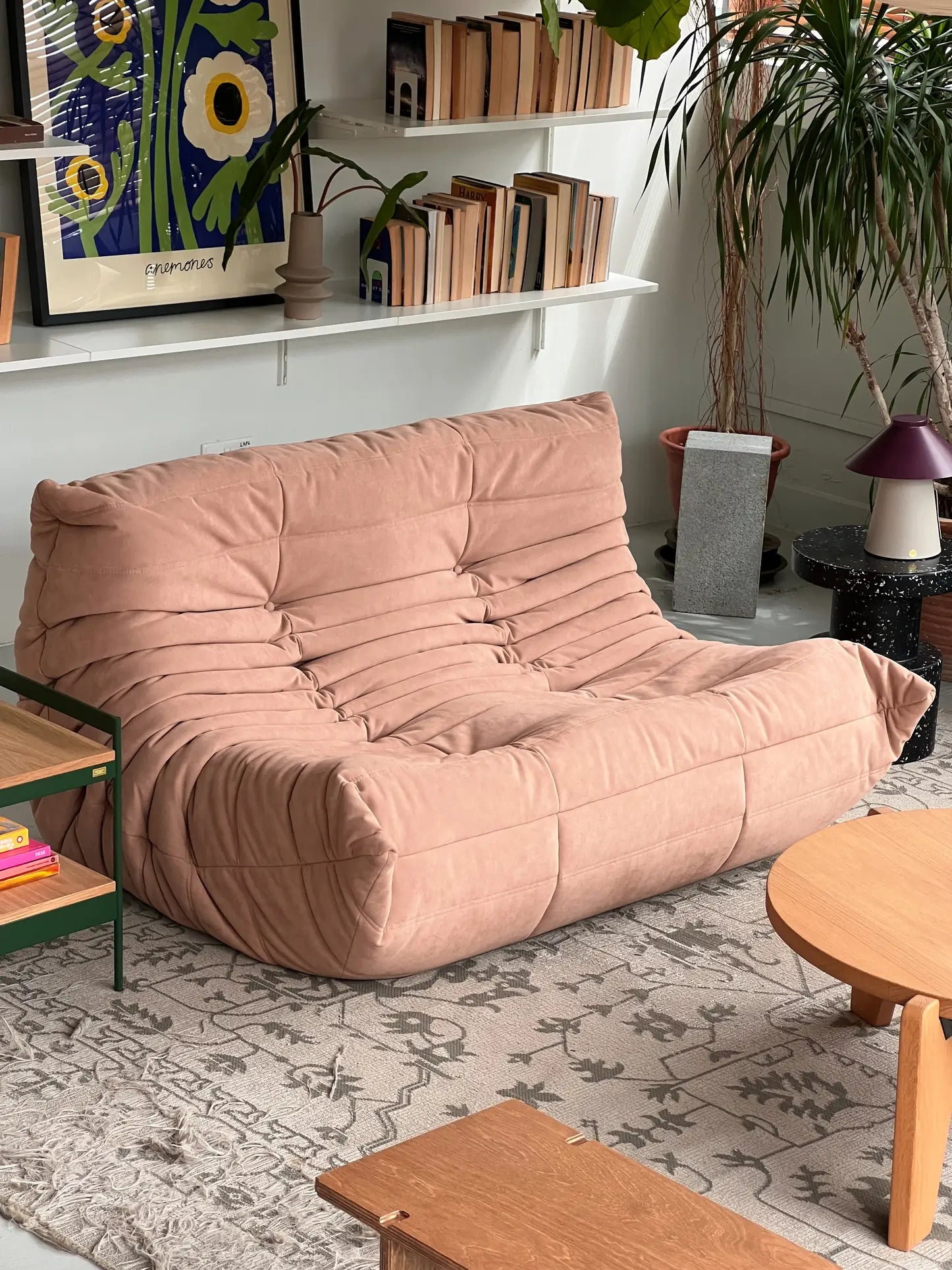 A plush, light pink Ligne Roset Togo 2 Seater sofa adds mid-century style to a cozy living room with a patterned rug, bookshelves, framed art, a potted plant, and a wooden coffee table.