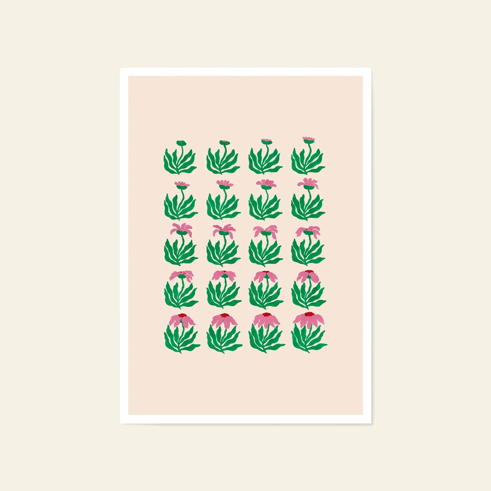 The Liv Lee Daisy Frames print by Liv Lee features a minimalist grid of pink daisies with green leaves on a light beige background, bordered in white and printed on archival-quality Hahnemühle giclée paper.
