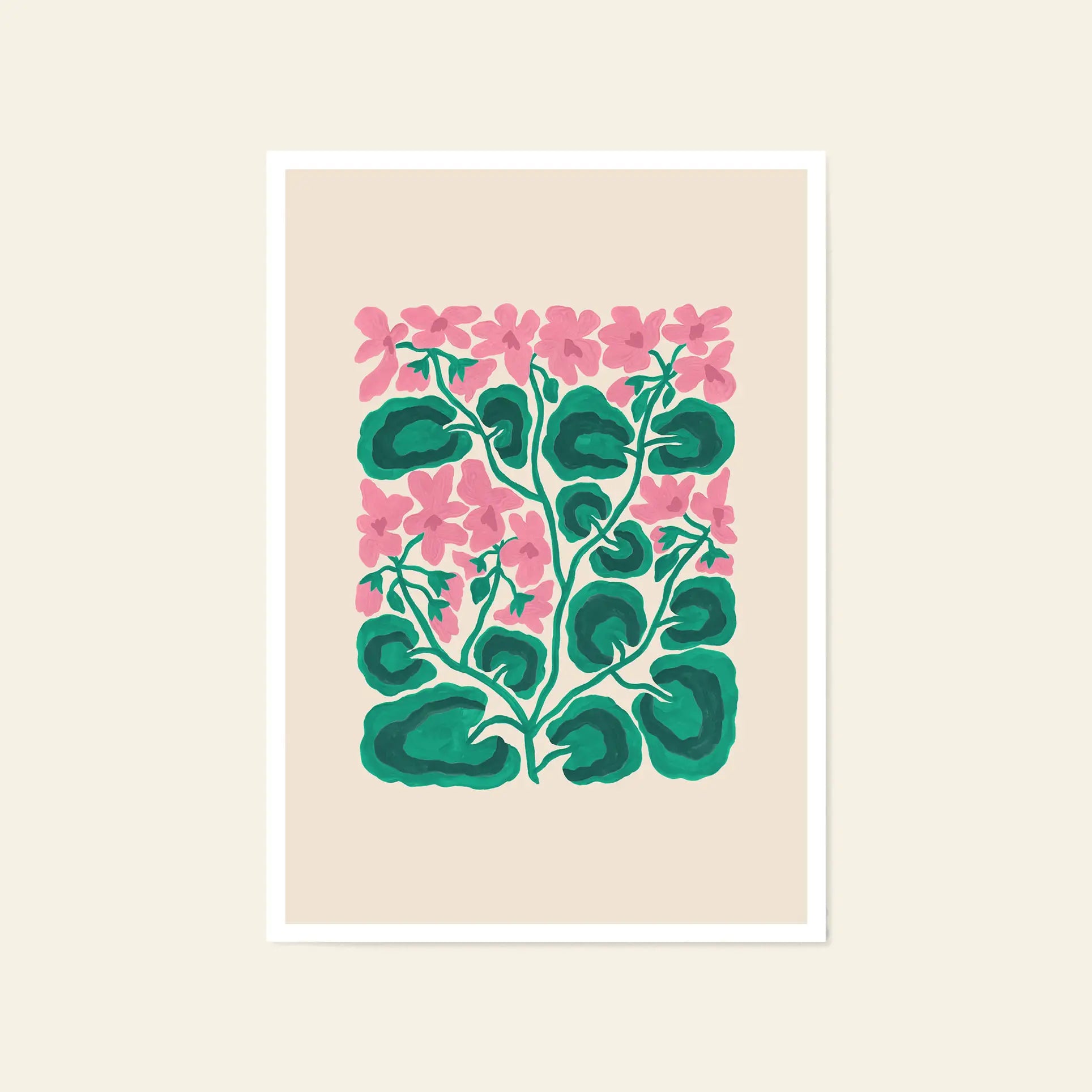 The Liv Lee Geraniums giclée print by Liv Lee showcases pink geraniums and green leaves on beige, bordered in white and set on a light cream backdrop—ideal for modern interiors.