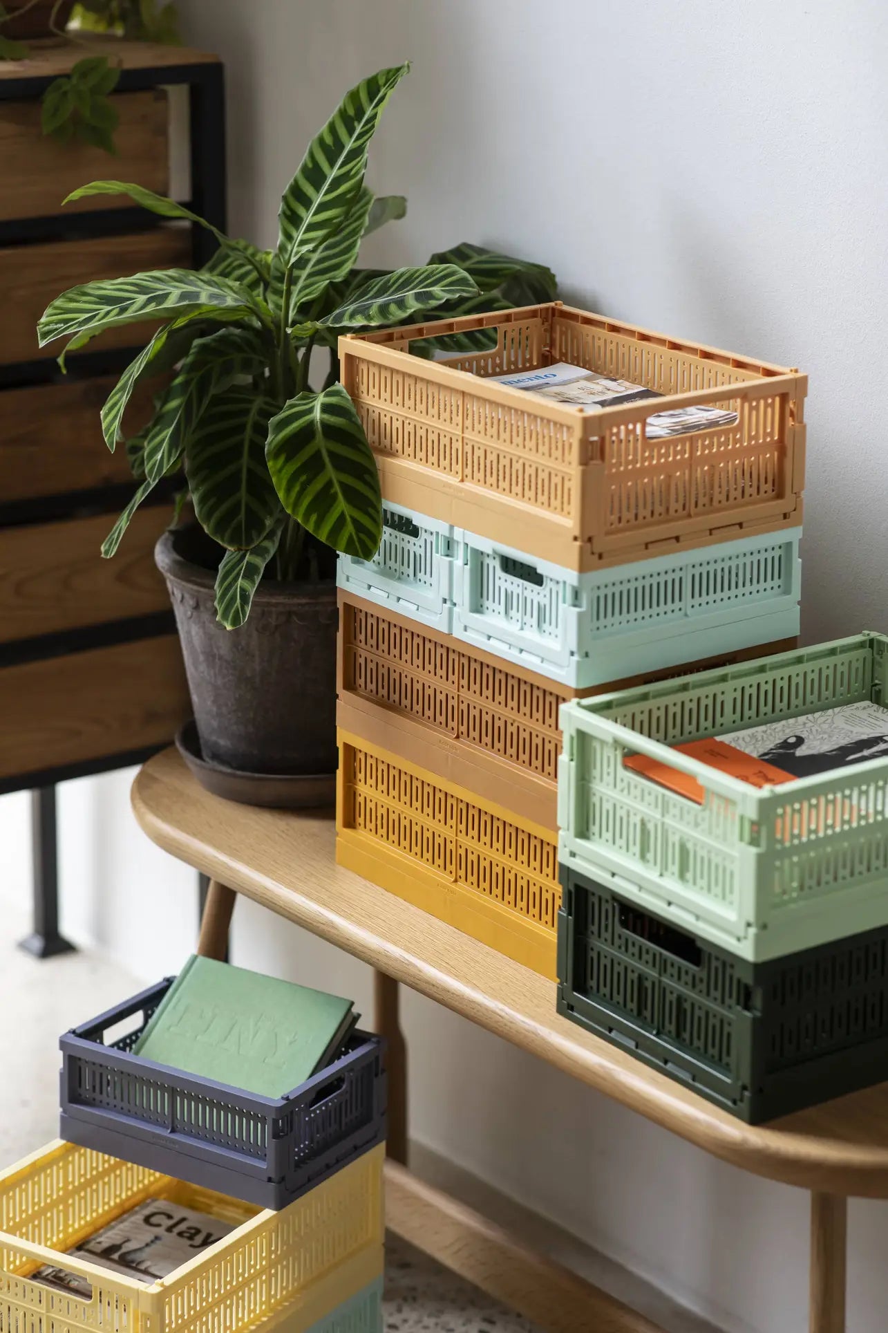 A stack of colorful Made Crate Midi folding crates by Made Crate, made from recycled plastic, sits on a wooden bench next to a potted plant, storing papers and books. A wooden drawer unit is partially visible in the background.
