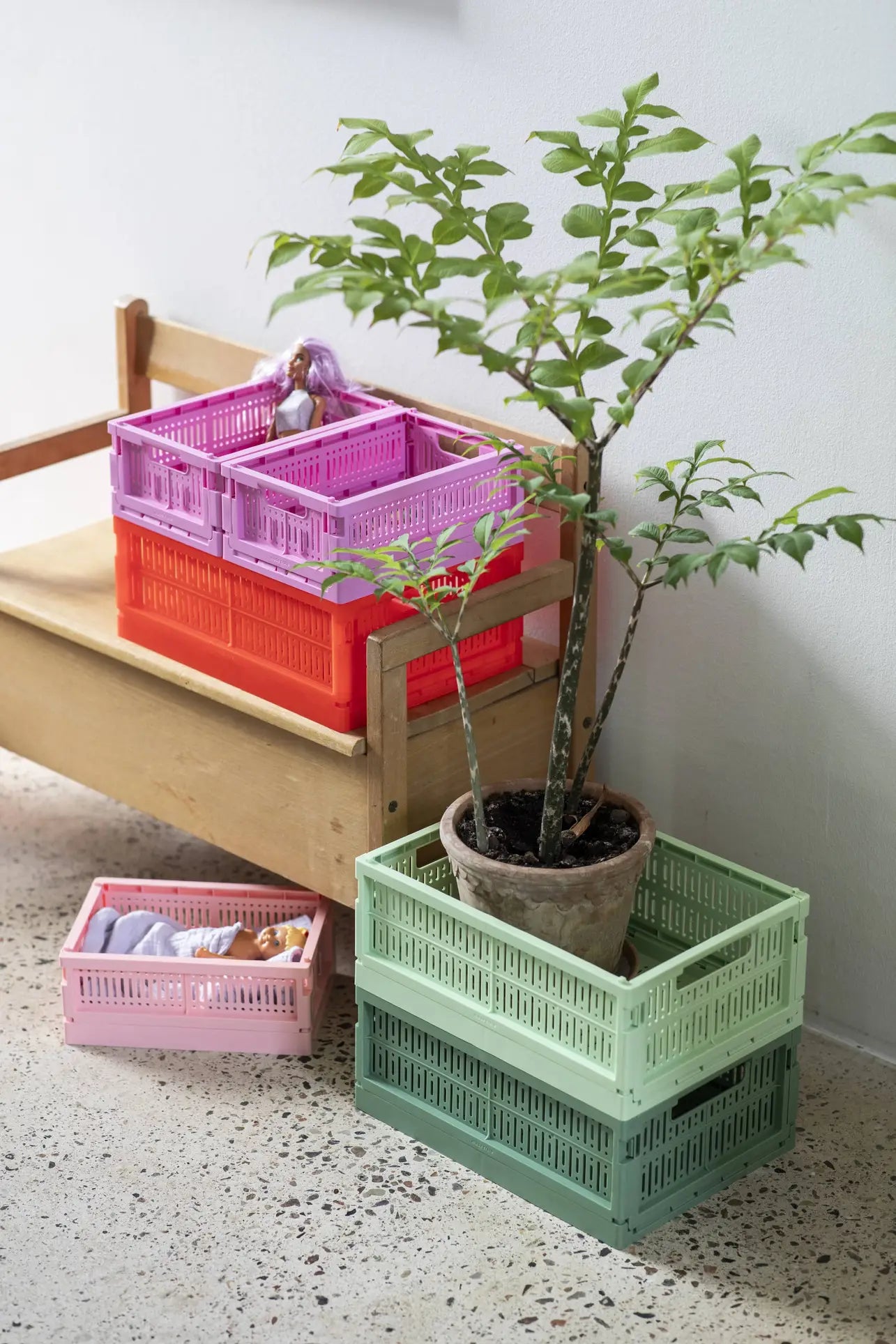 Made Crate Midi folding crates by Made Crate, crafted from recycled plastic in pastel colors, are stacked on and under a wooden bench to store small items and display a potted plant, adding stylish convenience to this room with terrazzo flooring.