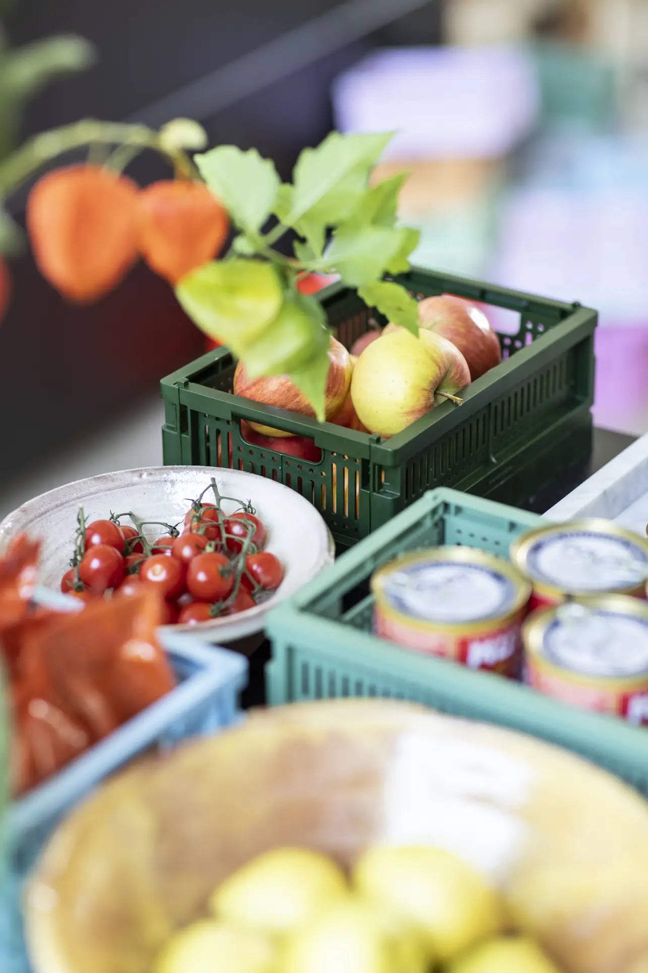 A close-up of fresh produce on a market table features apples in the Made Crate Mini by Made Crate, cherry tomatoes in a bowl, lemons, and several cans of food, with blurred leaves in the foreground.