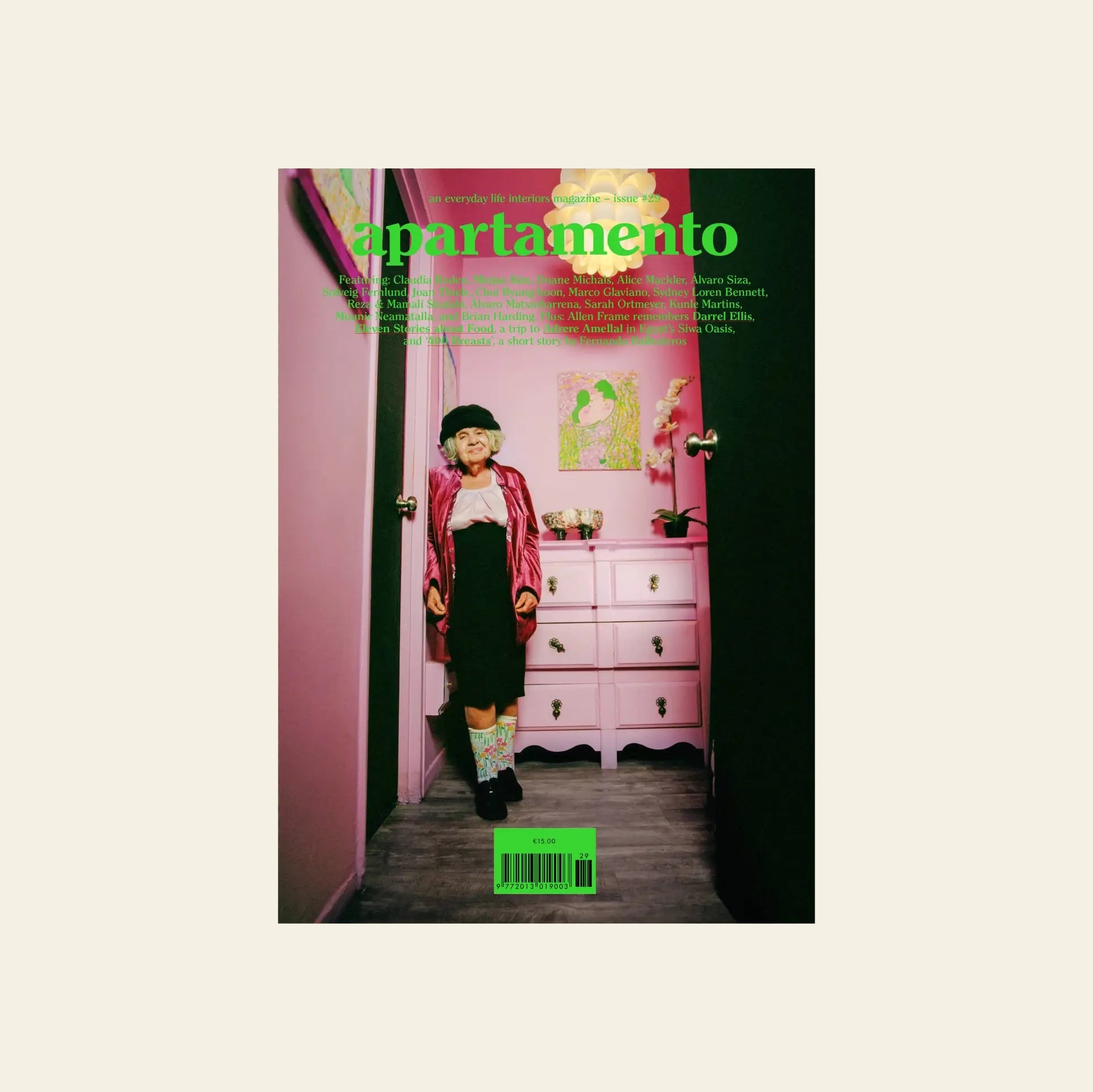 The cover of Apartamento Magazine Issue #29 by Apartamento shows a person in a stylish outfit standing in a narrow, pink-walled room with framed art and dresser, under green and yellow title text, featuring Eleven Stories about Food.