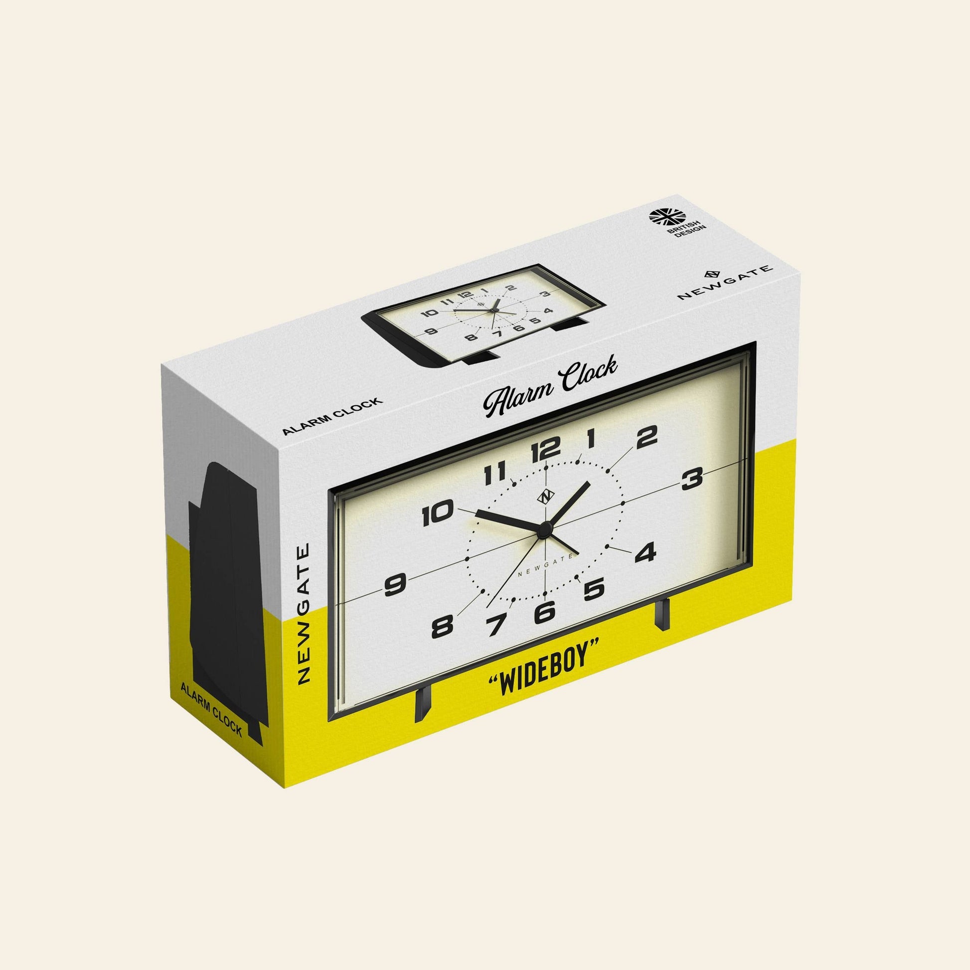 Rectangular box packaging for the Newgate Wideboy Alarm Clock by Newgate. The box is white and yellow with black text and product illustrations, featuring an image of the clock’s mid-century atomic dial, white face, black numbers, and hands.
