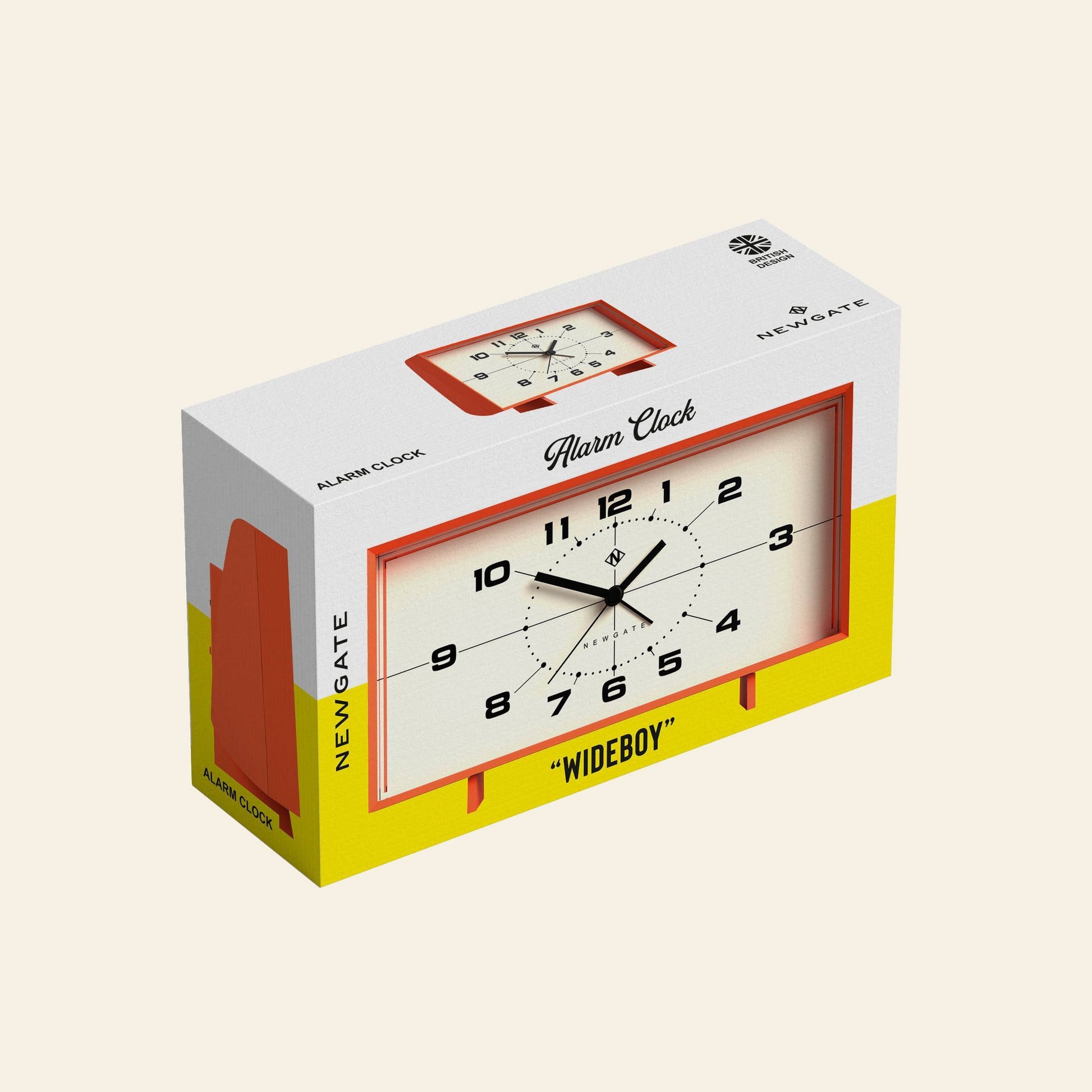 The Newgate Wideboy Alarm Clock, a rectangular retro-style clock with a white face, bold black numbers, and orange trim, is shown in packaging labeled Newgate and Wideboy Alarm Clock.