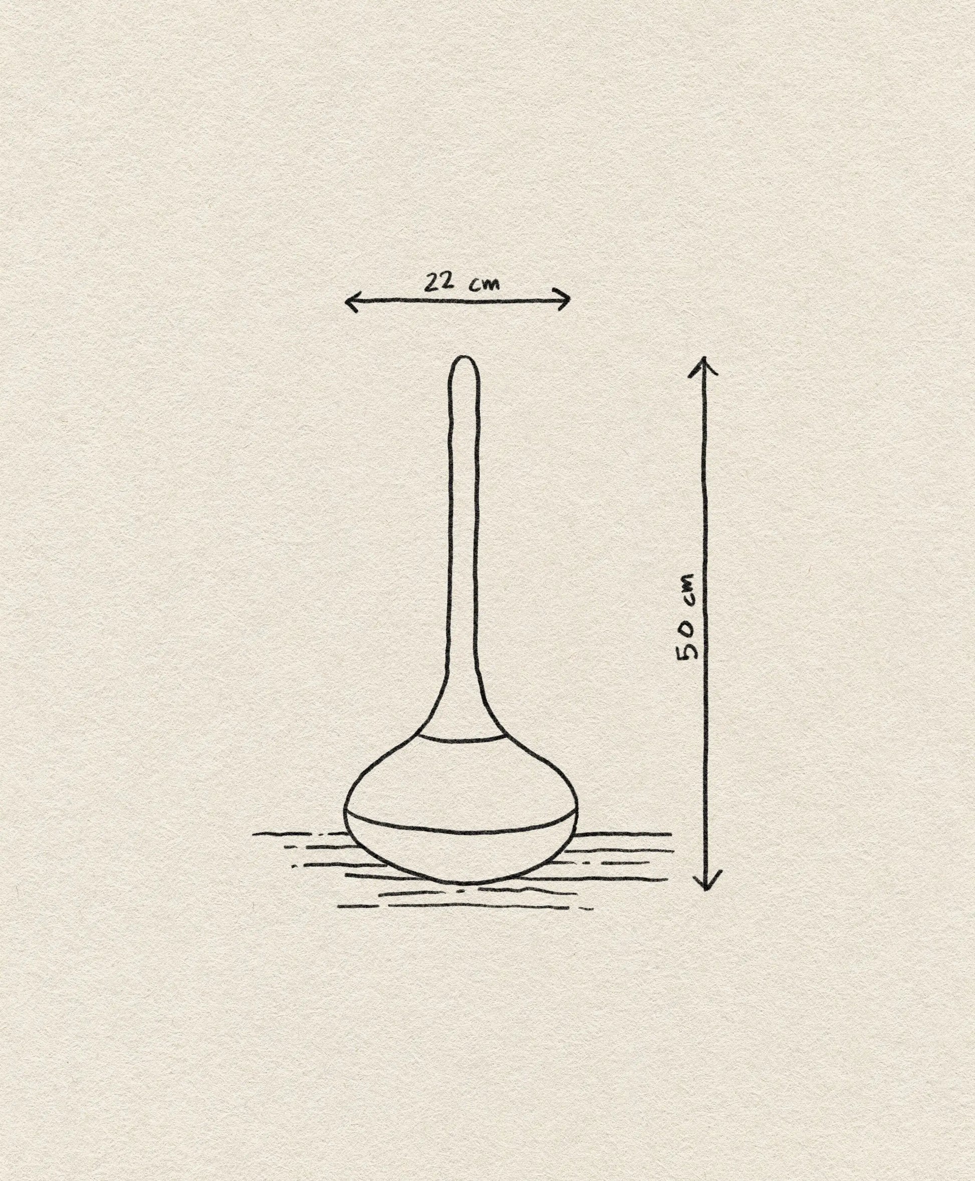 A simple line drawing of the Normann Copenhagen Ballo Toilet Brush shows its round base and long neck, with arrows marking measurements: 22 cm wide and 50 cm tall. The plain textured paper background highlights Normann Copenhagens minimalist design.