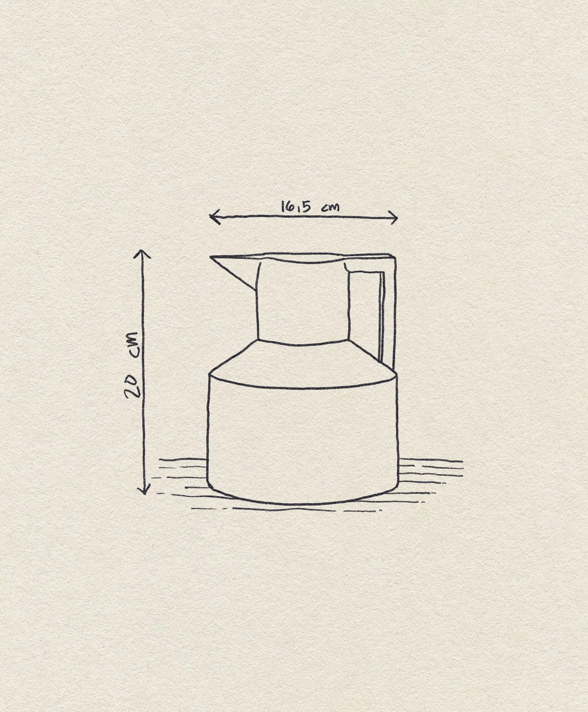 A minimalist line drawing of the Normann Copenhagen Geo Vacuum Jug with handle, showing its 16.5 cm width and 20 cm height, sketched on a textured off-white background.