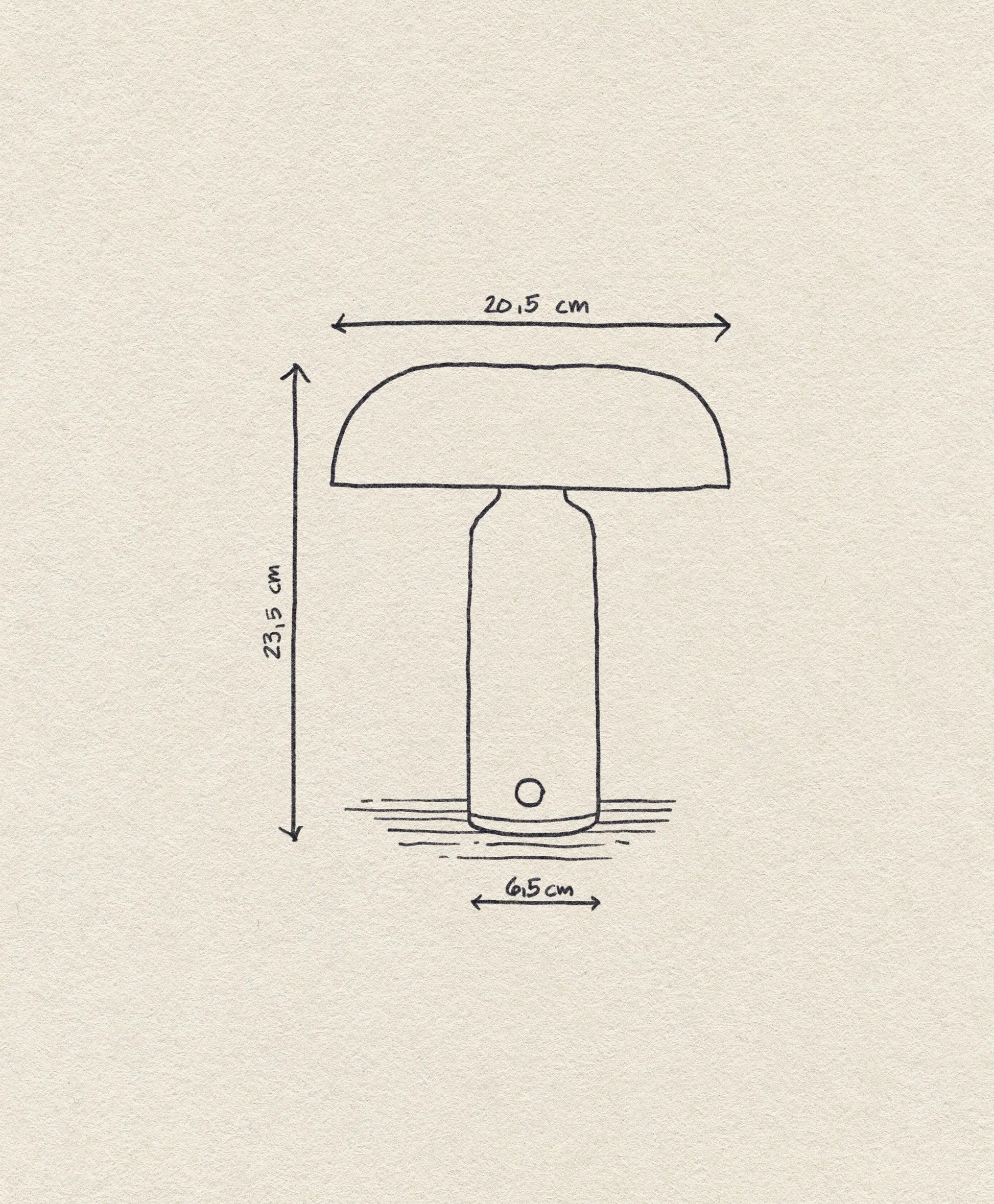 A hand-drawn diagram of the Normann Copenhagen Porta Table Lamp, mushroom-shaped with labeled dimensions—20.5 cm wide, 23.5 cm tall, and a 6.5 cm base—on textured paper, showcasing its modern Normann Copenhagen design.