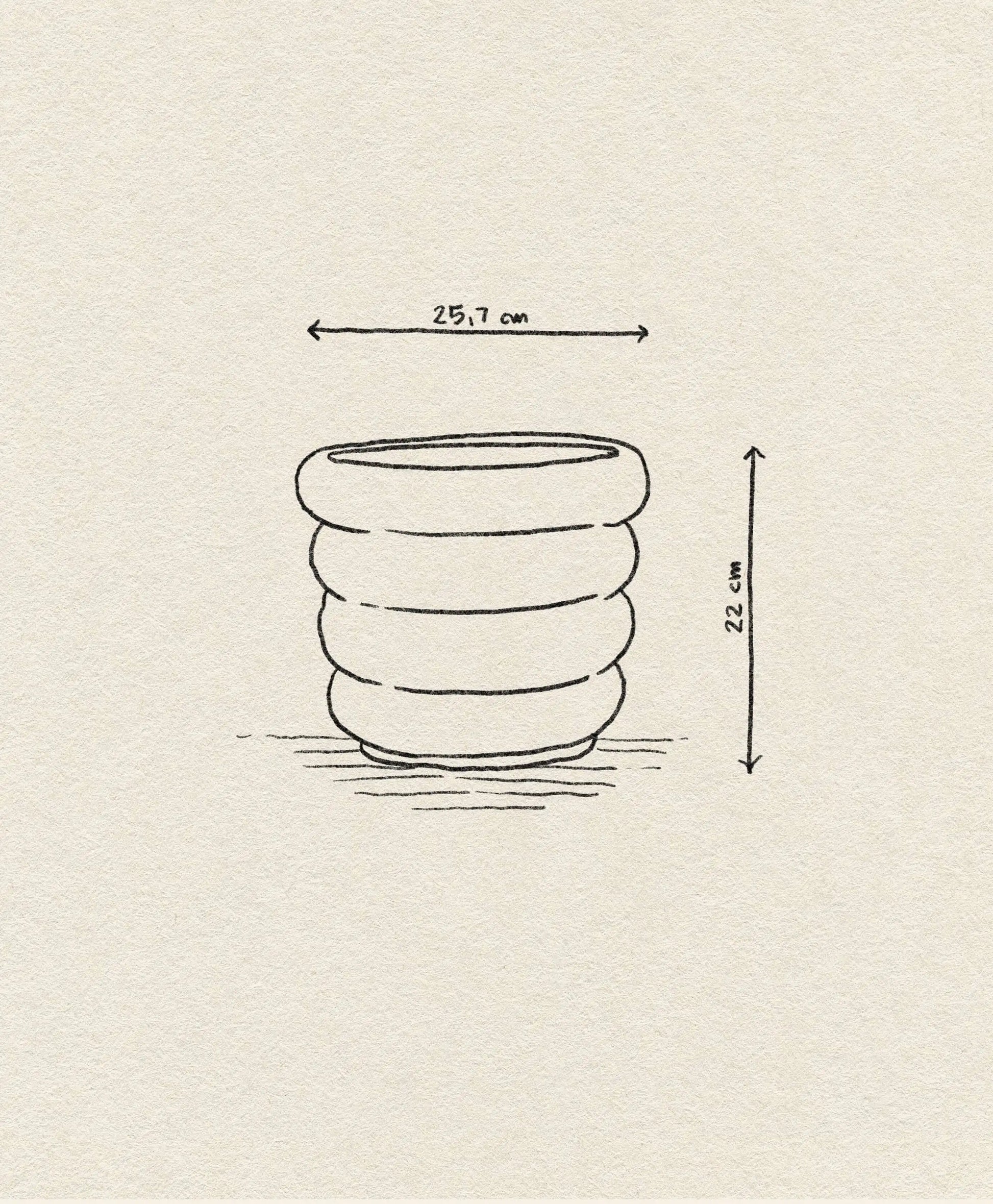Minimalist line drawing of the OYOY Living Design Awa Pot, Large by OYOY Living Design, earthenware, 22 cm high and 25.7 cm wide—perfect for botanical décor. Displayed on a light textured background with measurement arrows.