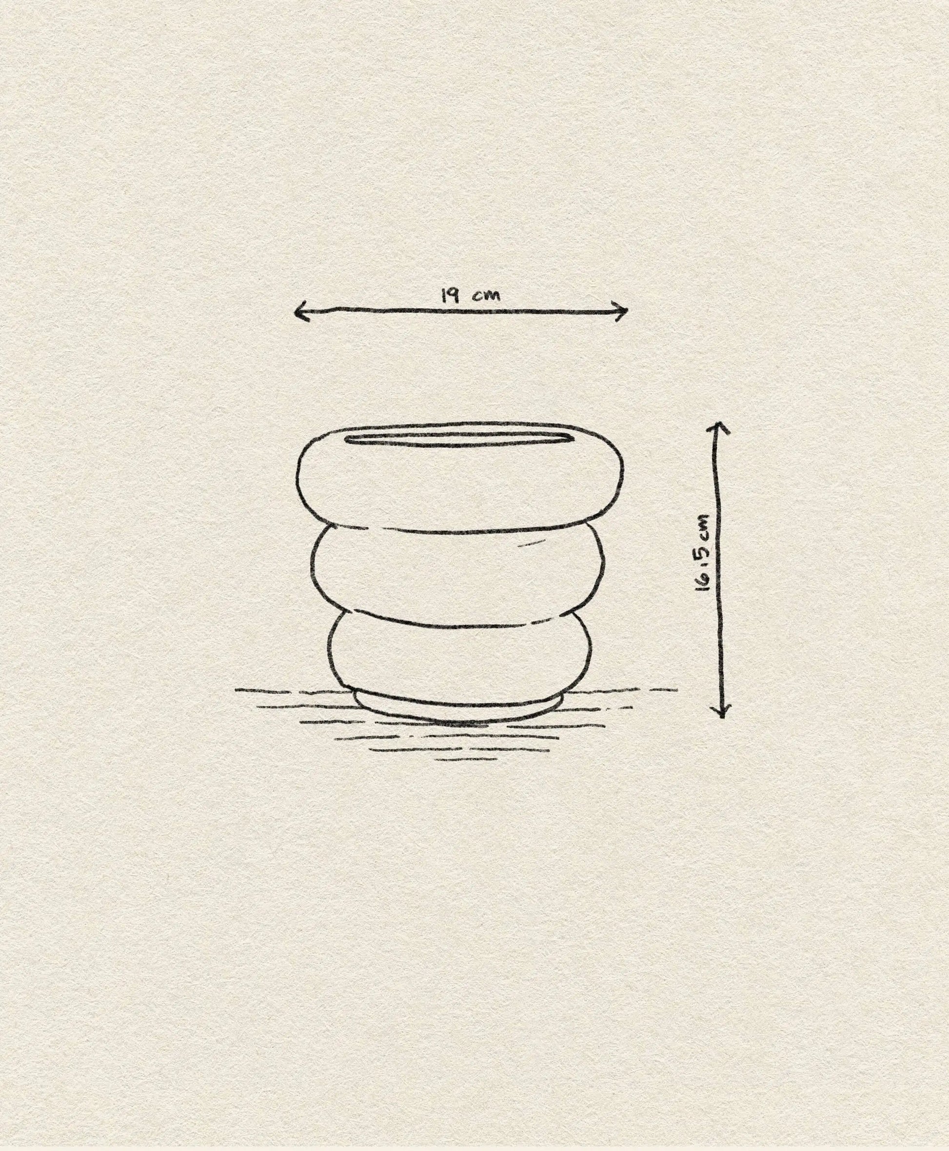 A simple line drawing of the OYOY Living Design Awa Pot, Small (19 cm wide, 16.5 cm tall), perfect for botanical displays by OYOY Living Design, illustrated on a textured beige background.