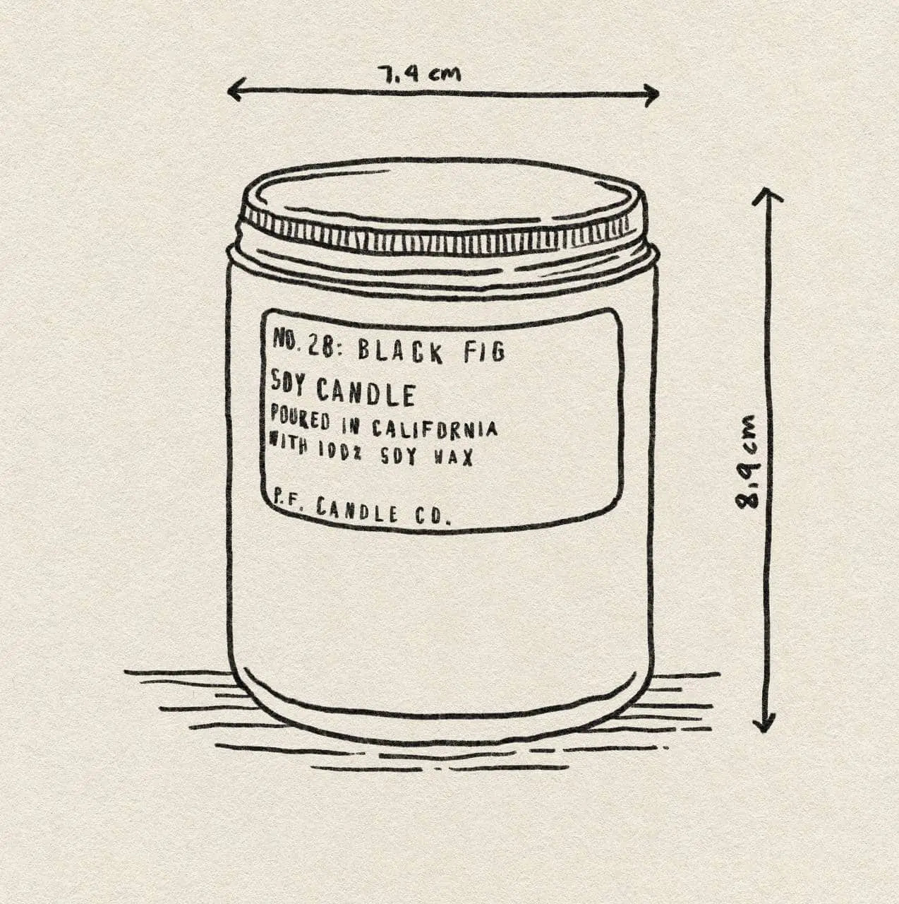 A line drawing of a soy candle jar labeled “No. 11: Amber & Moss 7.2 oz Soy Candle” by P.F. Candle Co., measuring 7.4 cm wide and 8.9 cm tall, poured in California with all-natural soy wax for a calming aroma.