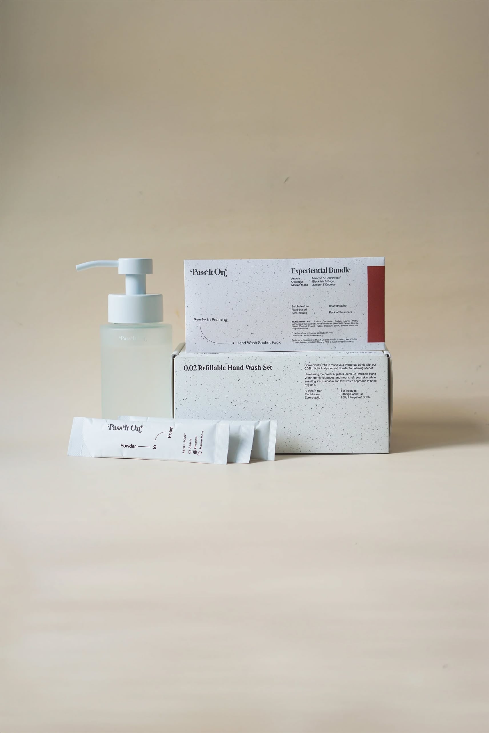 A Pass It On 0.02 Refillable Hand Wash Set (Pack of 3-Experiential Bundle) by Pass It On, featuring a clear Perpetual Bottle, two minimalist white boxes with black text and red accents, and two sachets, is arranged on a light beige surface.