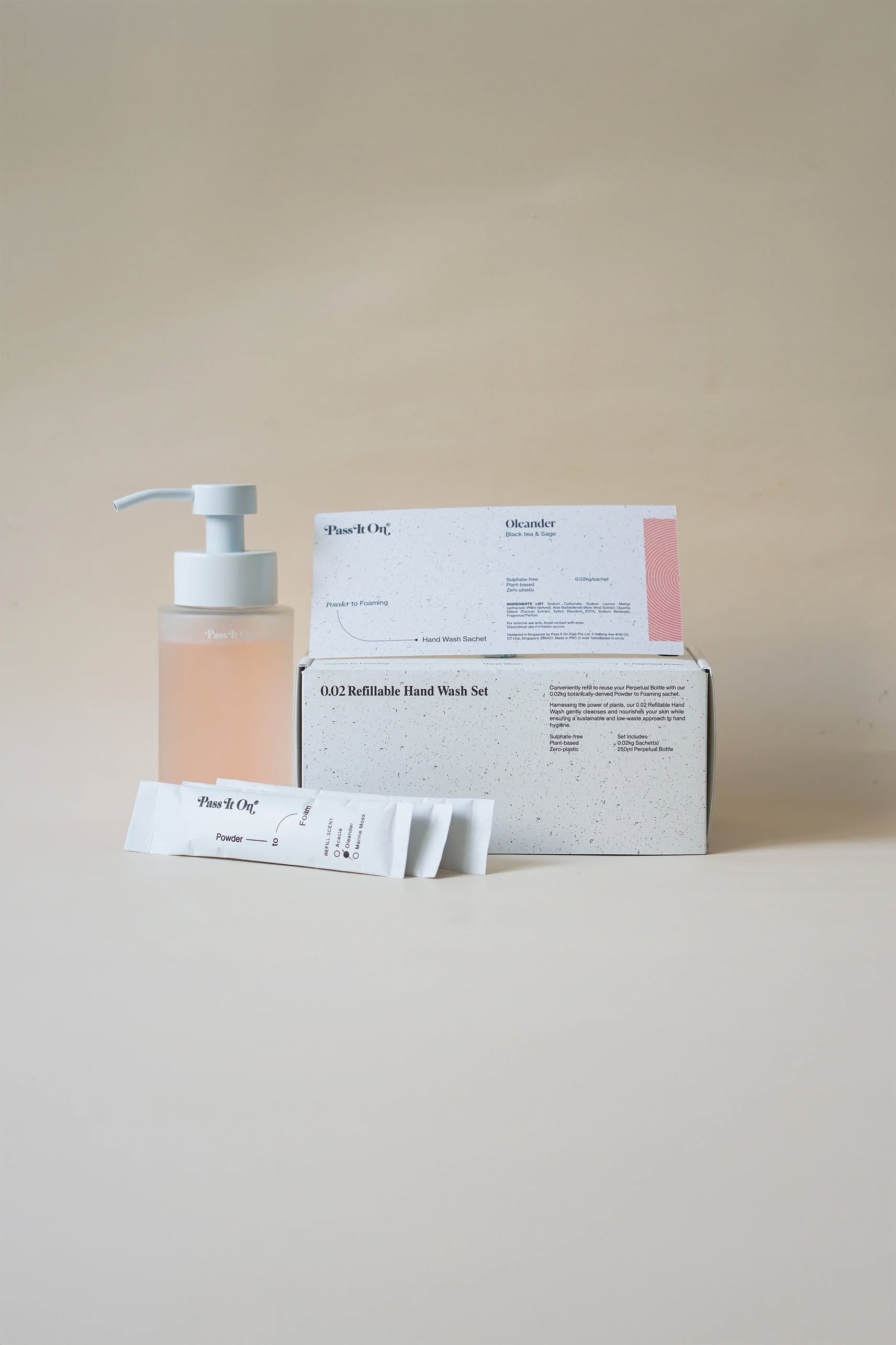 A minimal display features Pass It On 0.02 Refillable Hand Wash Set, Pack of 3-Oleander: a clear pump bottle with light pink liquid, individual sachets, and a labeled white box—all set against a beige background.