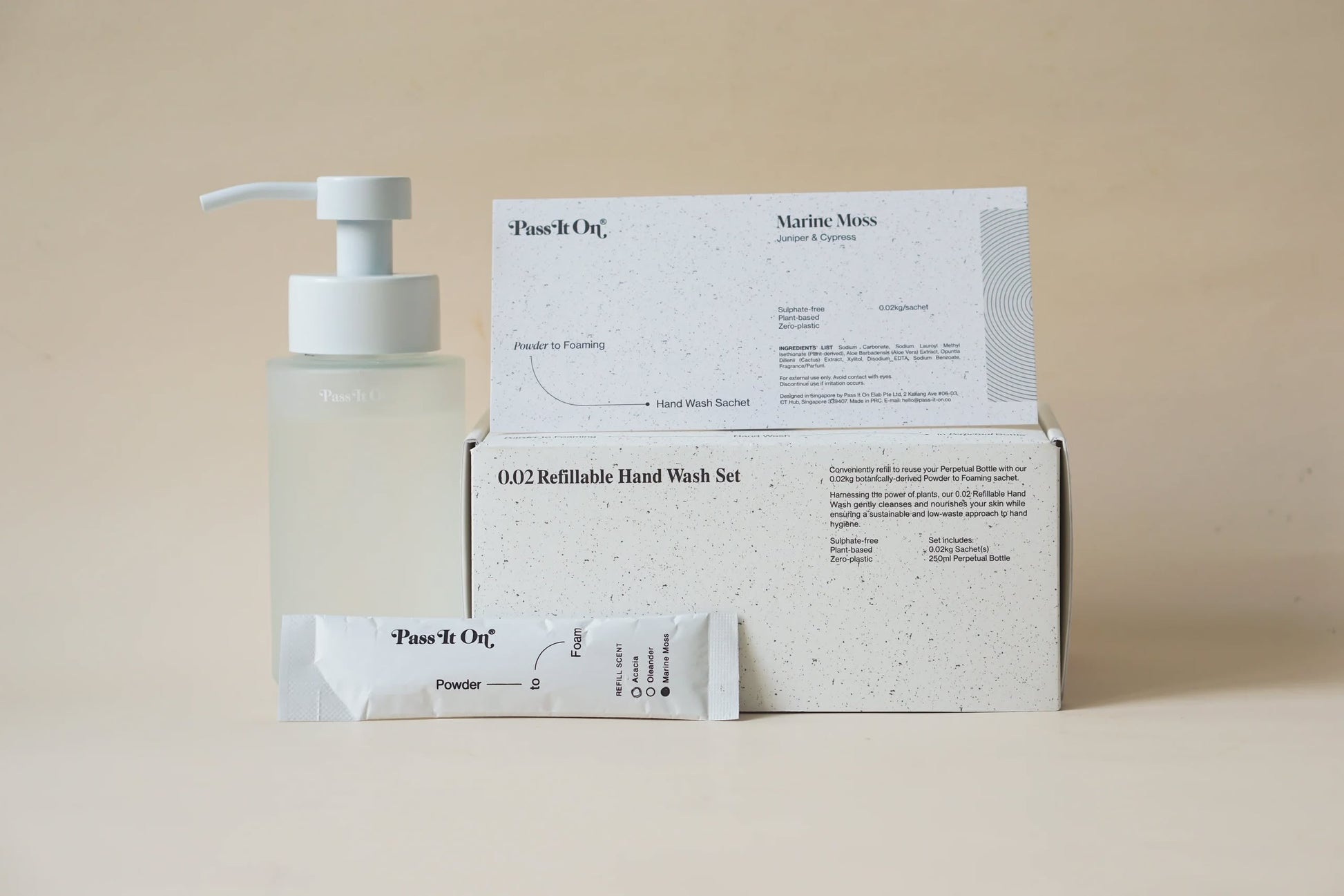 The Pass It On 0.02 Refillable Hand Wash Set, Single Pack - Marine Moss by Pass It On features a pump bottle, powder sachet, and “Plusit On.” box in sleek white packaging for a minimalist, sustainable hand washing routine.